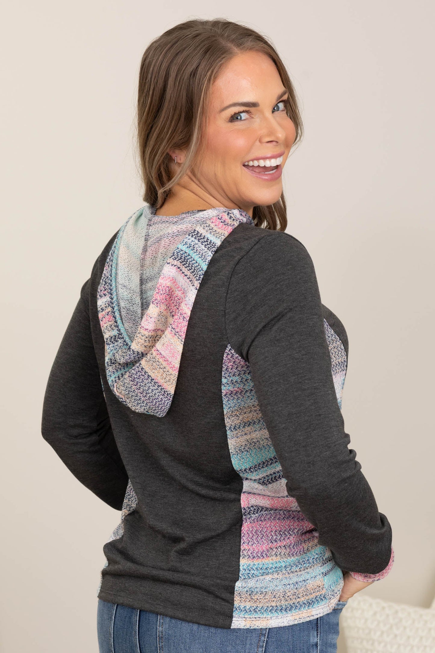 Charcoal With Breezy Detail Knit Hoodie Top