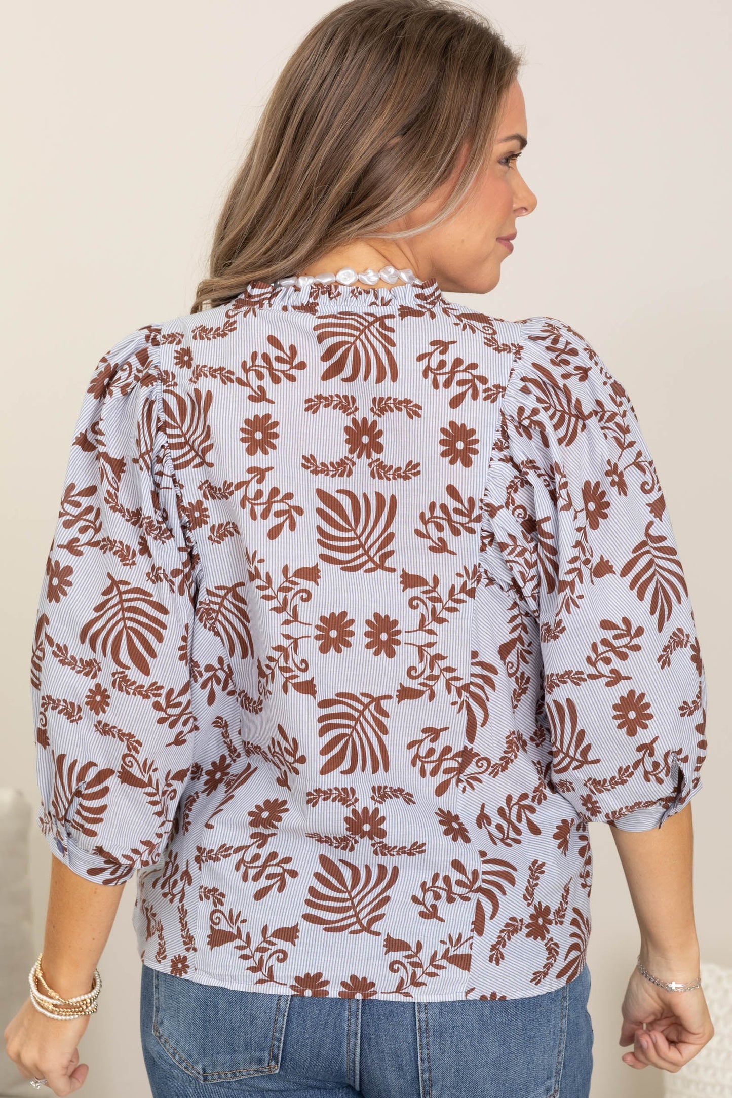 Dusty Blue And Rust Floral Button Up Woven Top