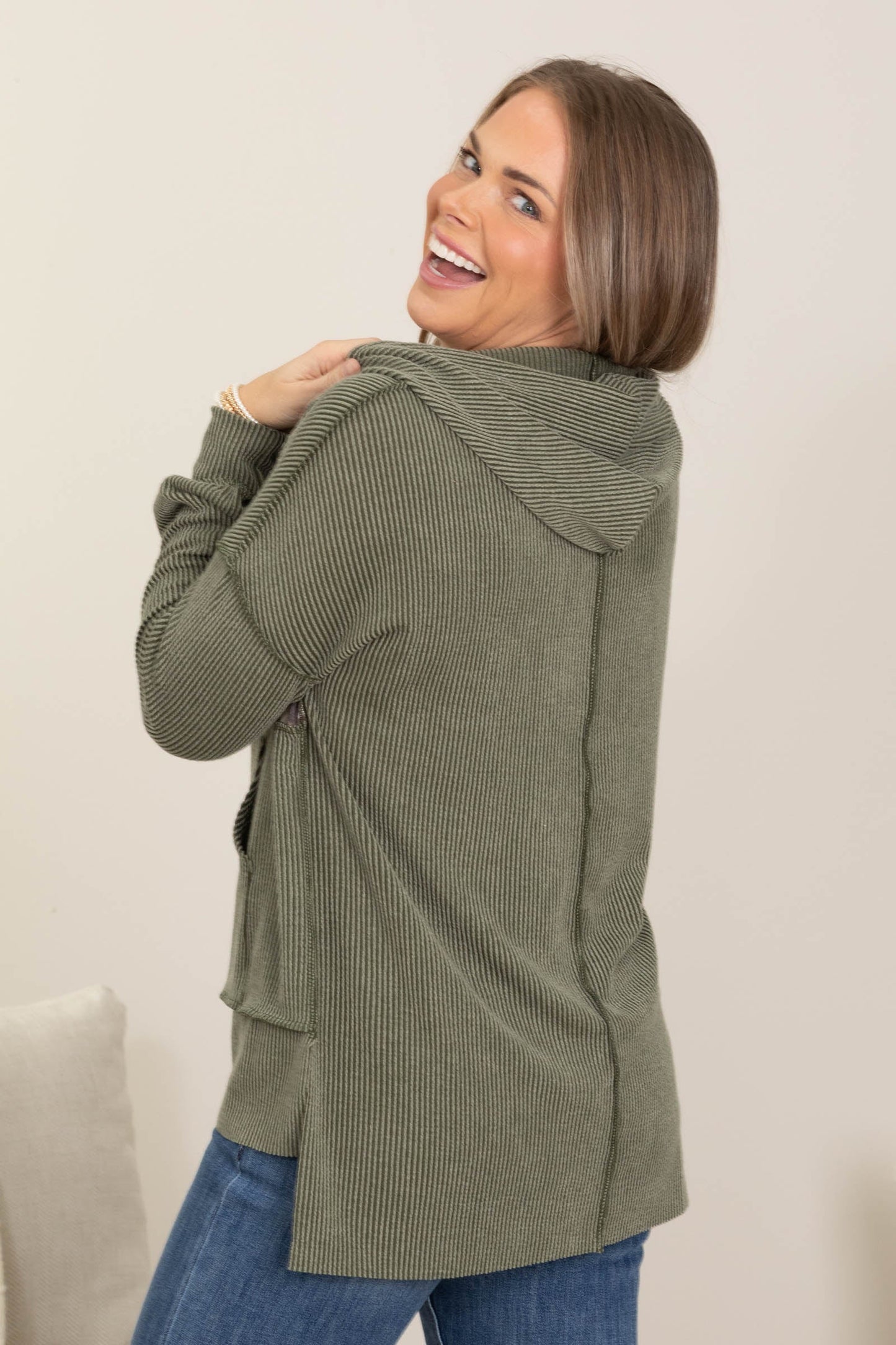 Olive Ribbed Hooded Top With Animal Print