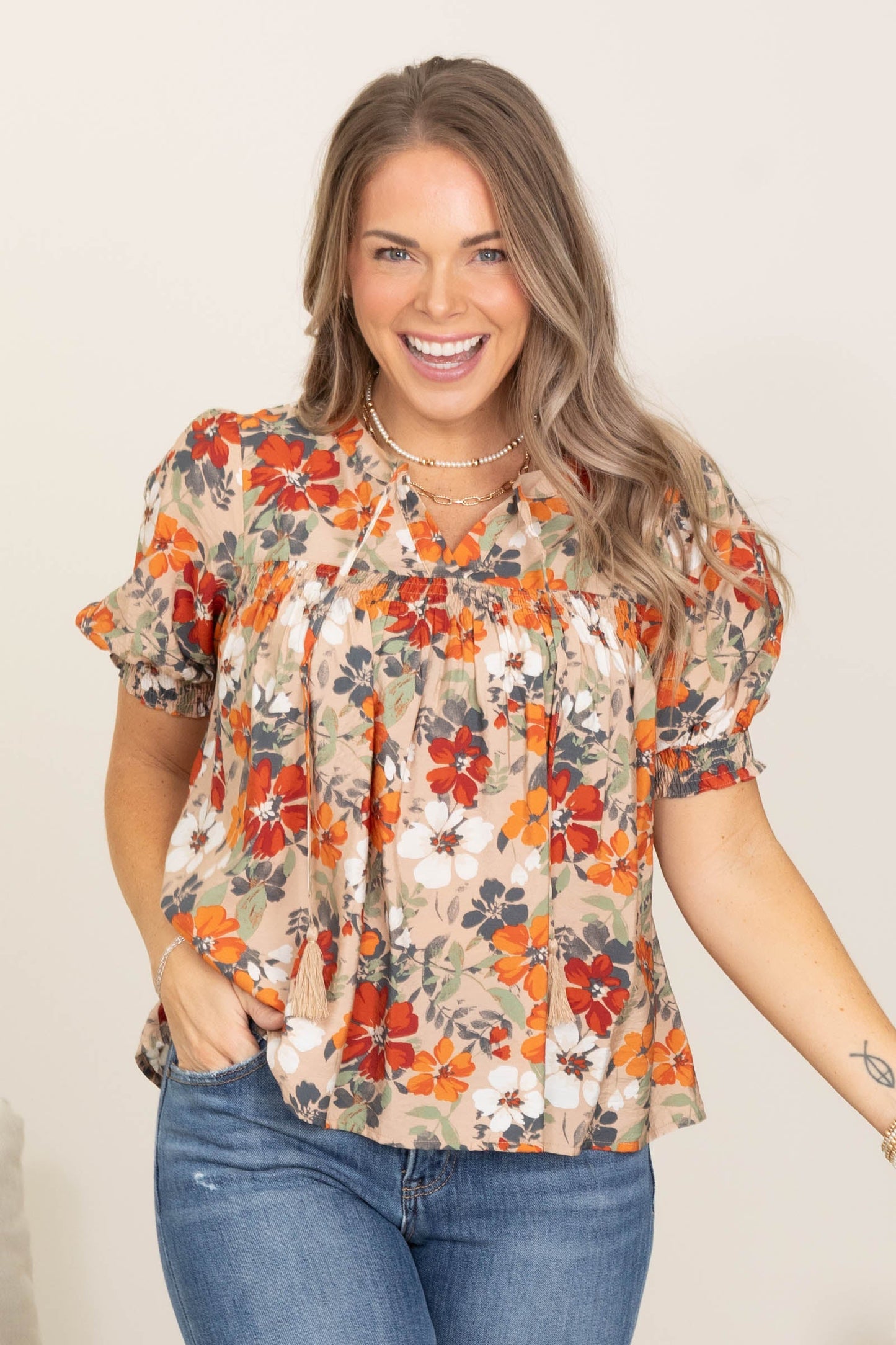 Tan Flower Printed Short Sleeve Blouse