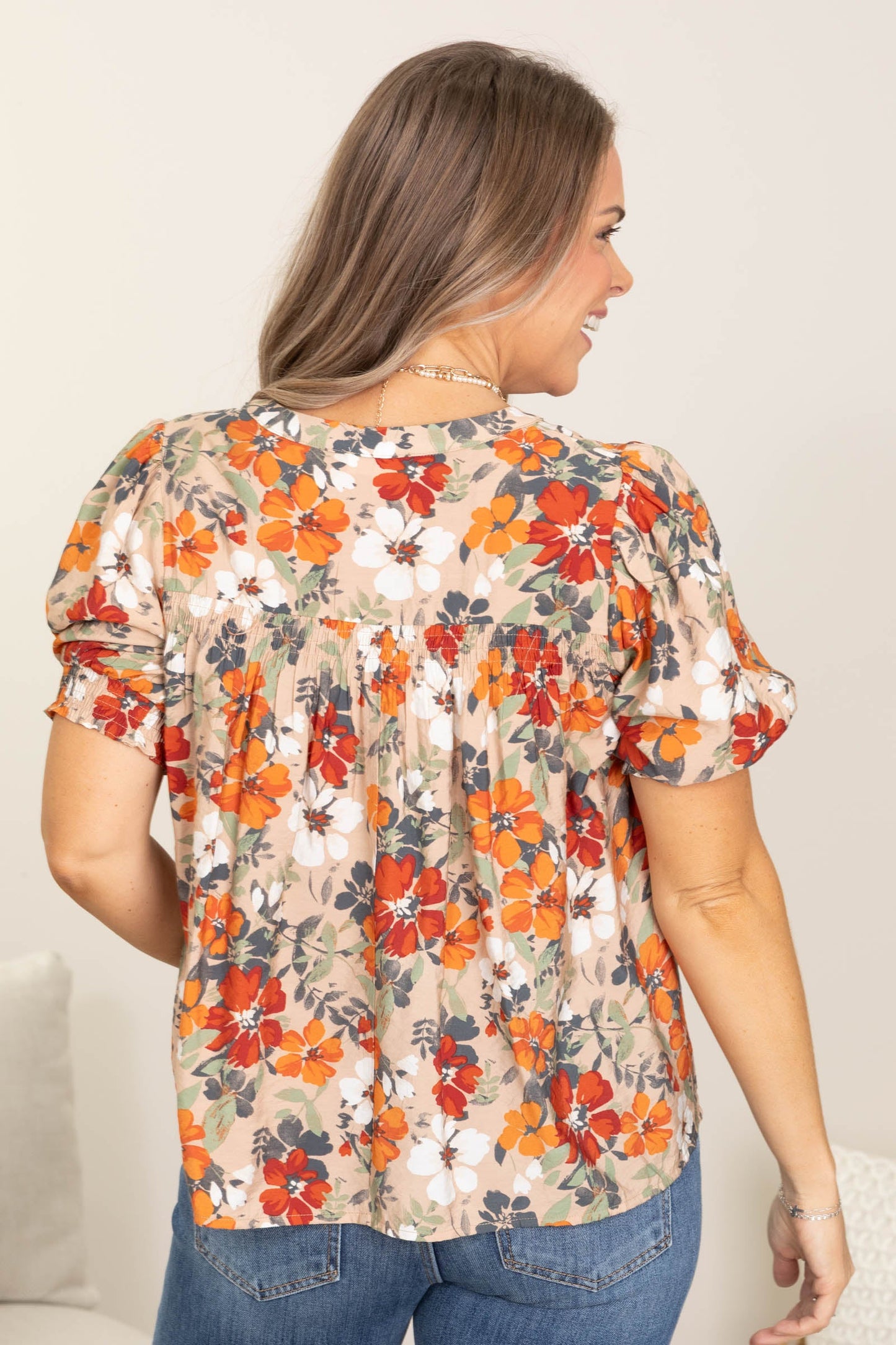 Tan Flower Printed Short Sleeve Blouse