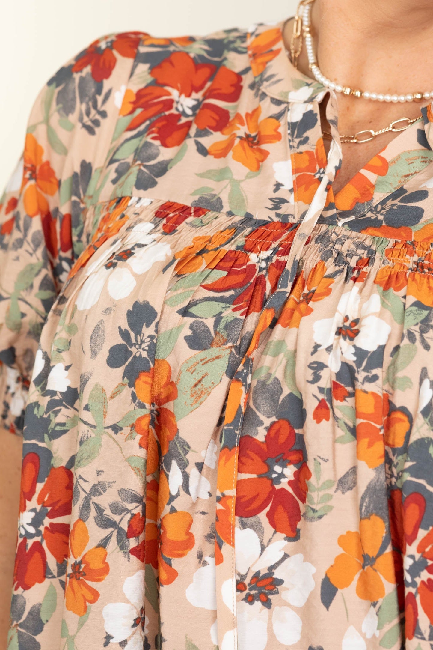 Tan Flower Printed Short Sleeve Blouse