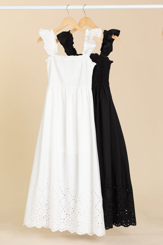 Smocked Ruffle Sleeve Eyelet Hem Midi Dresses