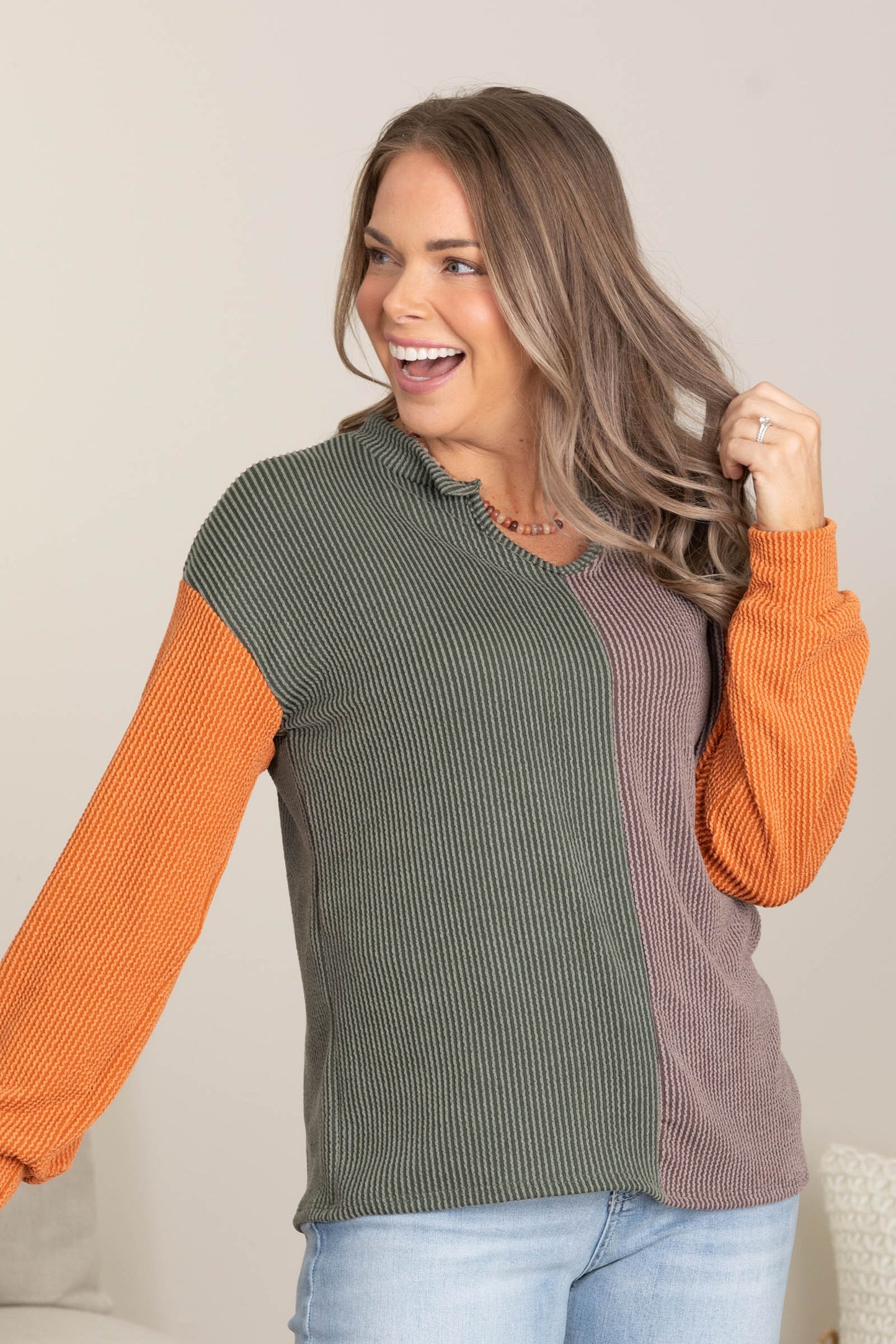 Colorblock Ribbed Knit Tops With V-Neck