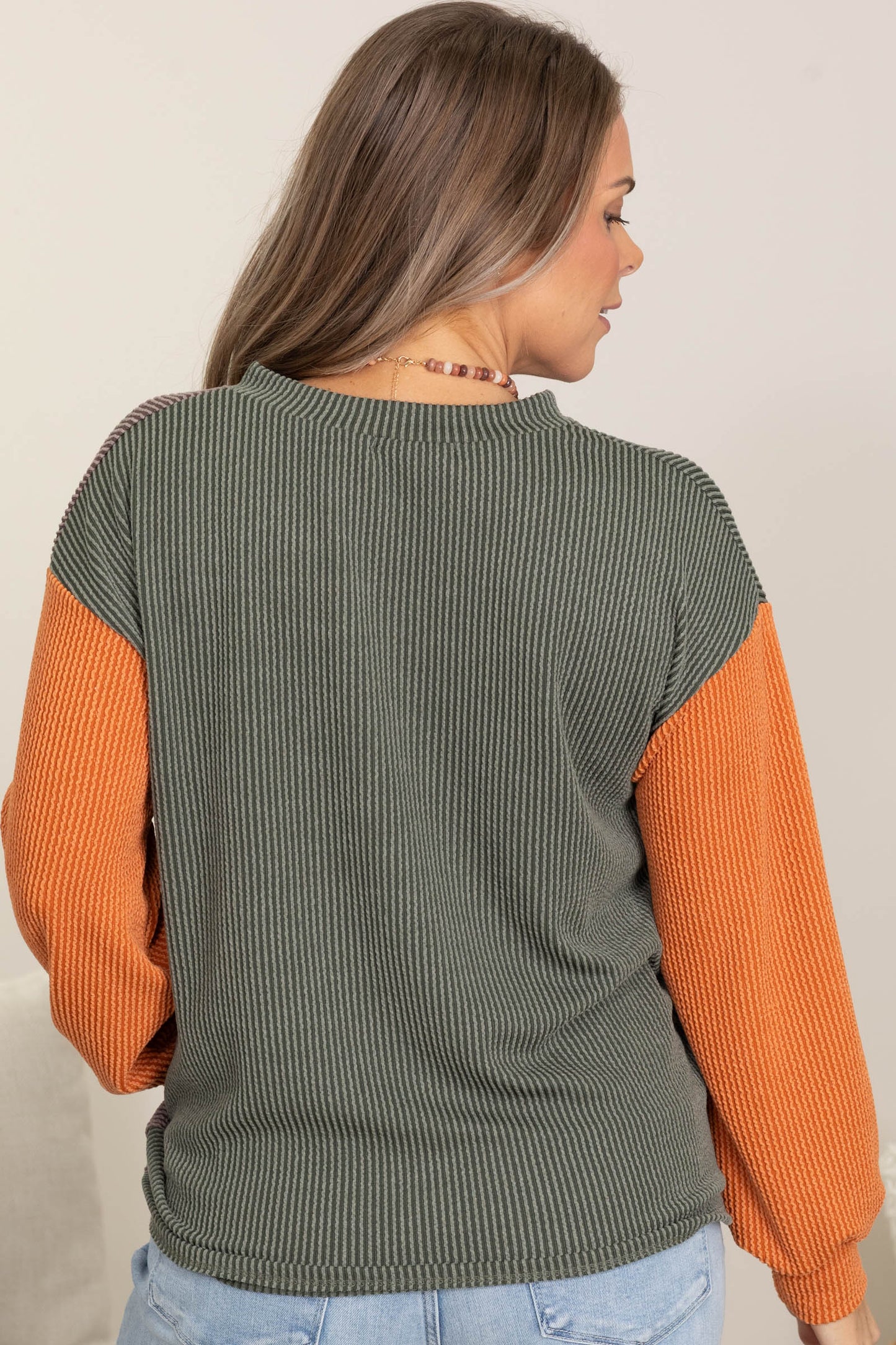 Colorblock Ribbed Knit Tops With V-Neck
