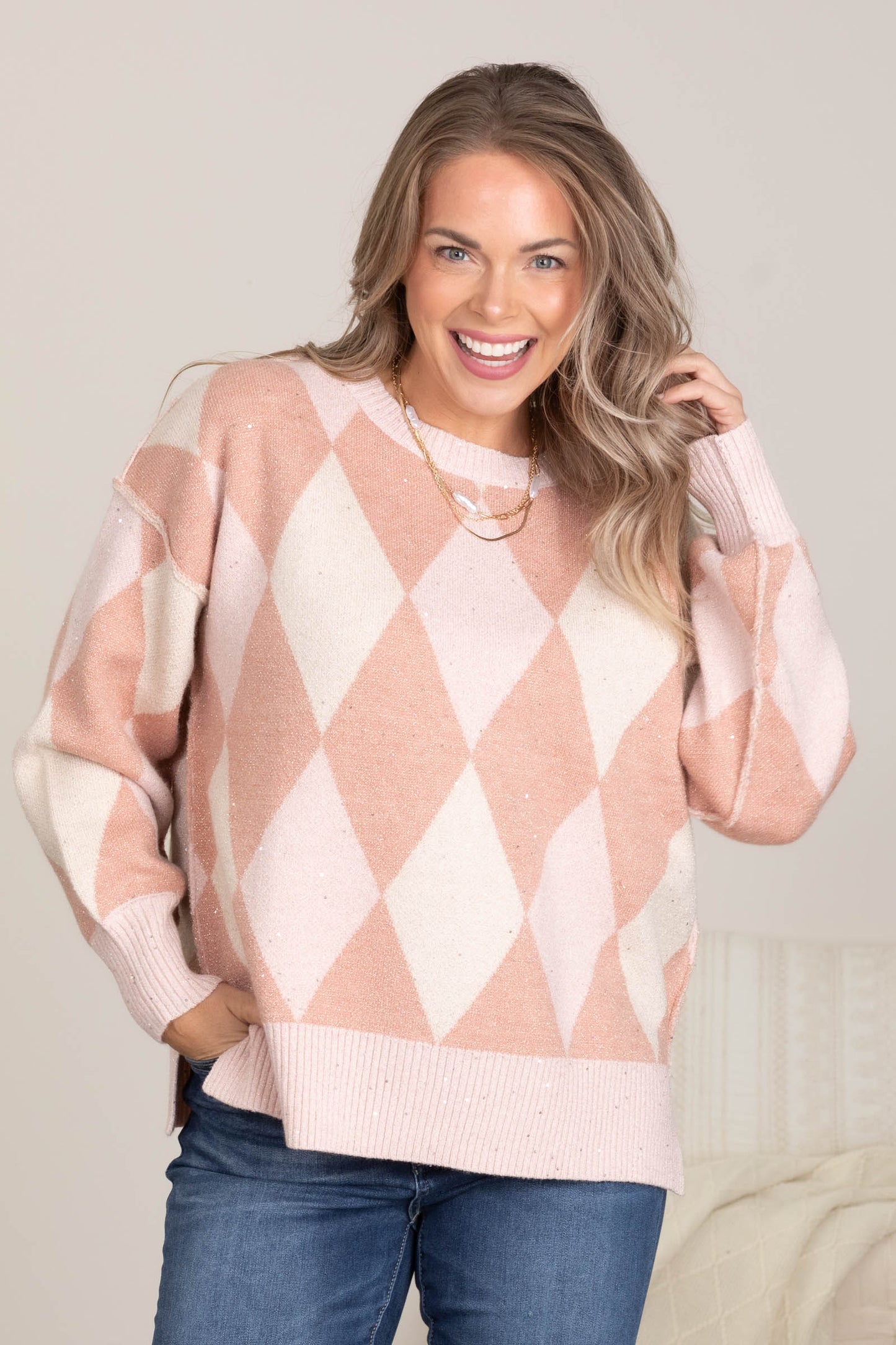 Dusty Pink Argyle Long Sleeve Knit Sweater