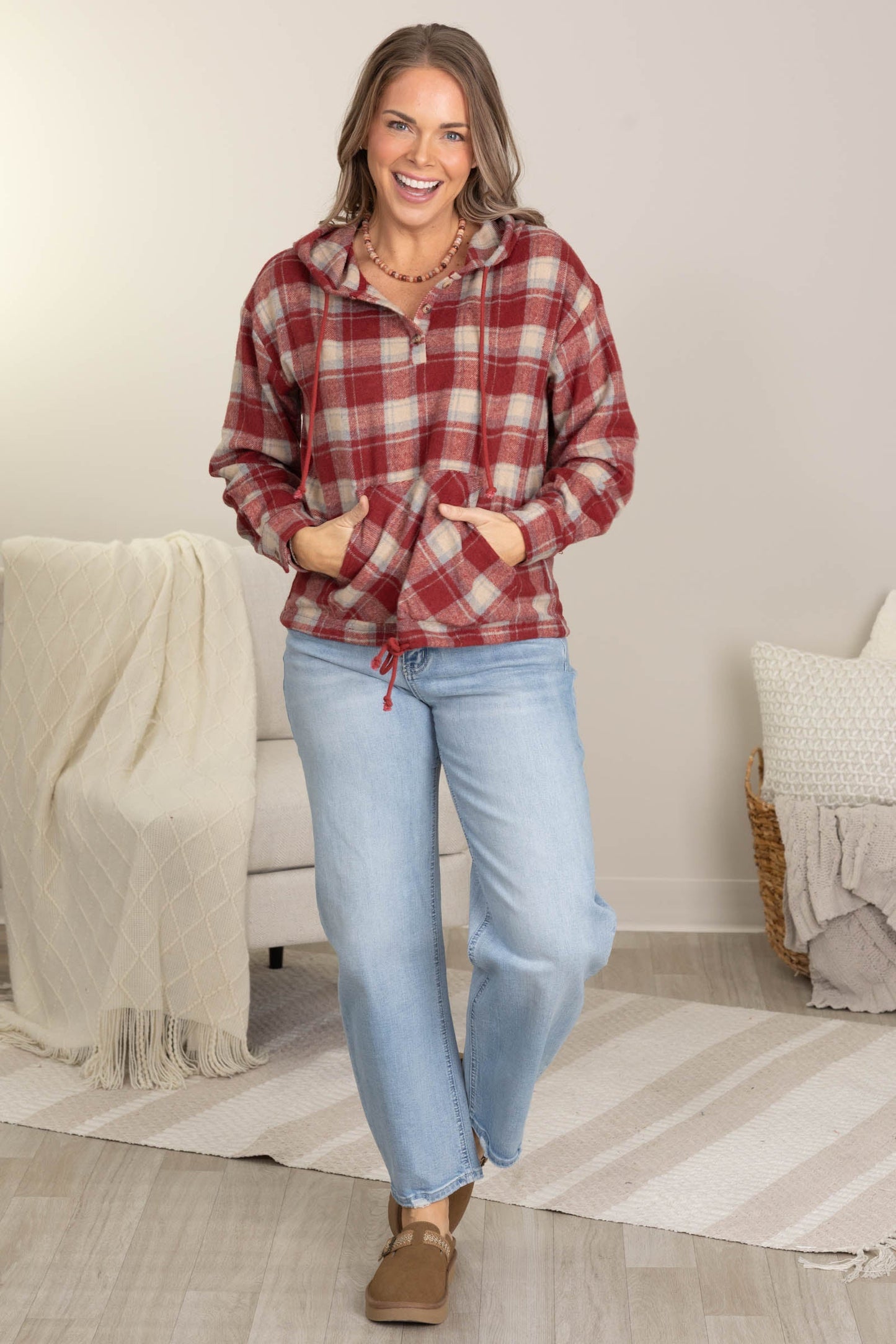 Red Lightweight Flannel Plaid Woven Hoodie