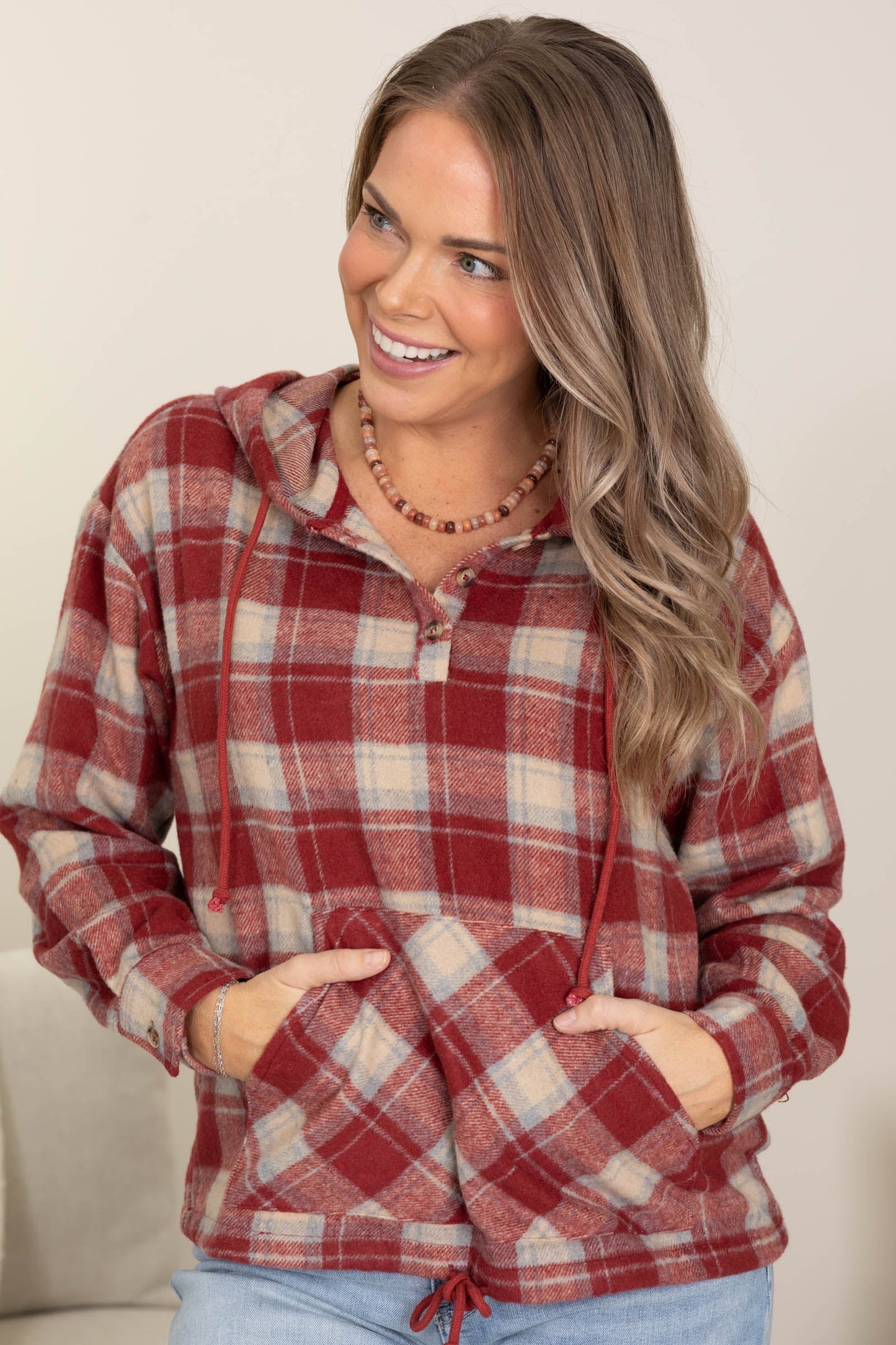Red Lightweight Flannel Plaid Woven Hoodie