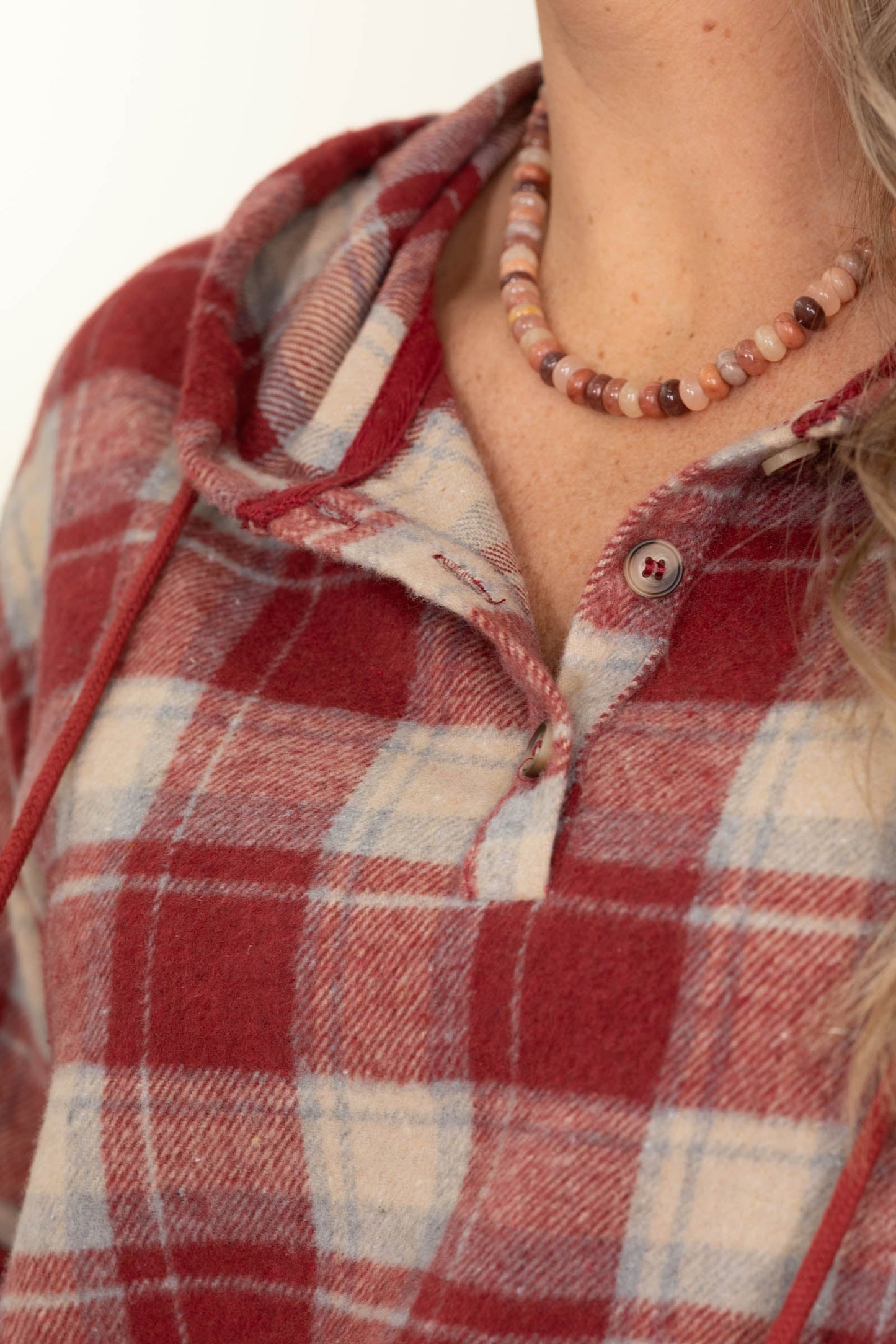 Red Lightweight Flannel Plaid Woven Hoodie