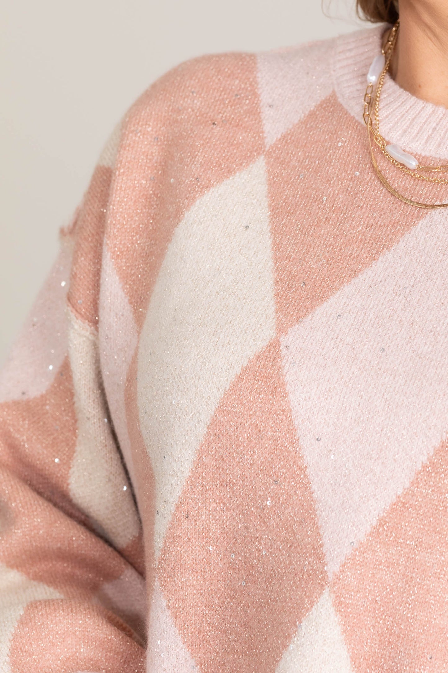 Dusty Pink Argyle Long Sleeve Knit Sweater