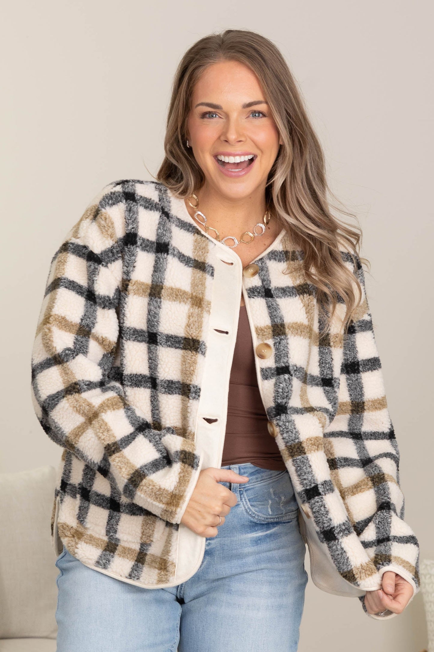 Cream Plaid Button Down Teddy Jacket