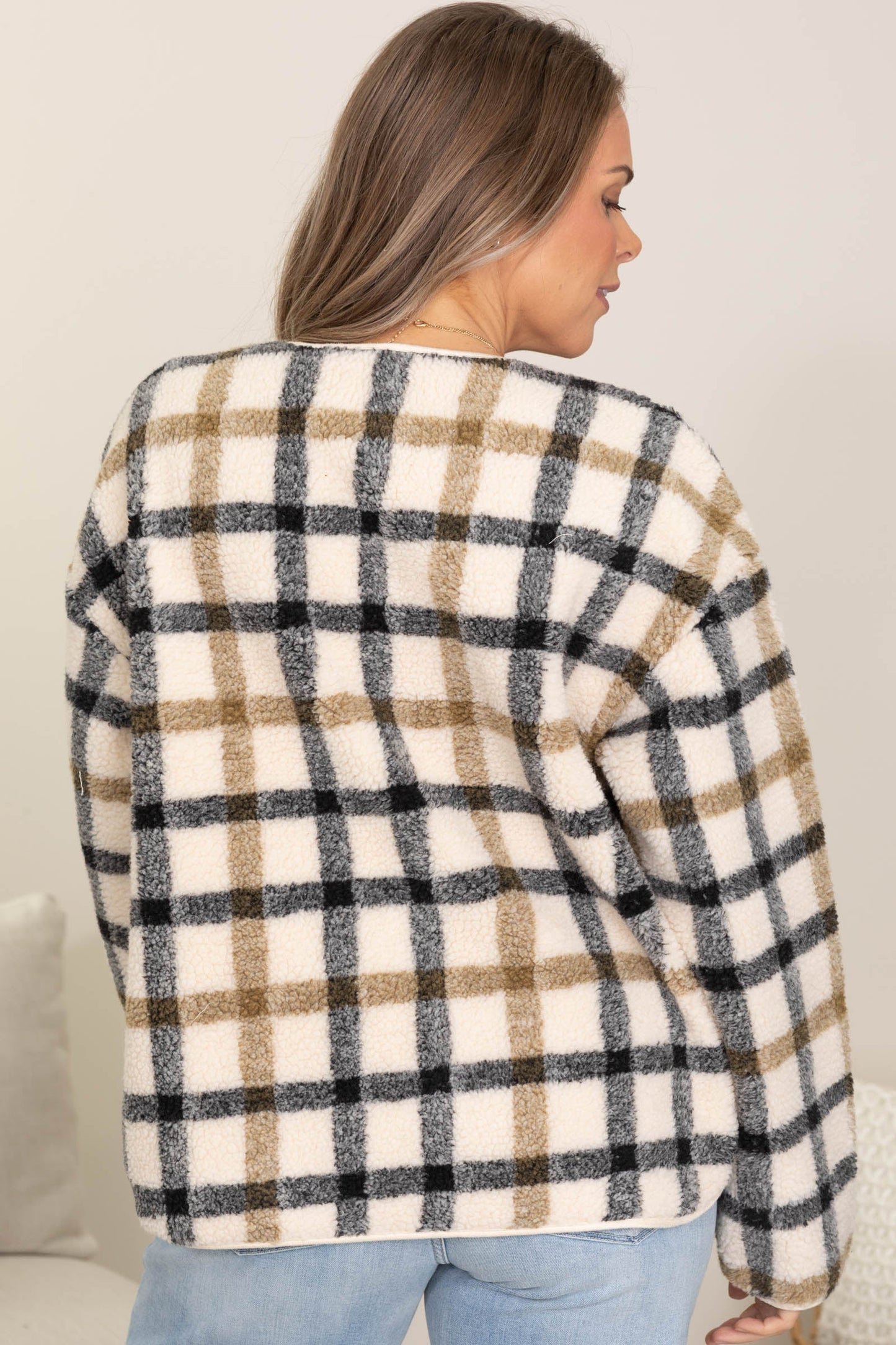 Cream Plaid Button Down Teddy Jacket