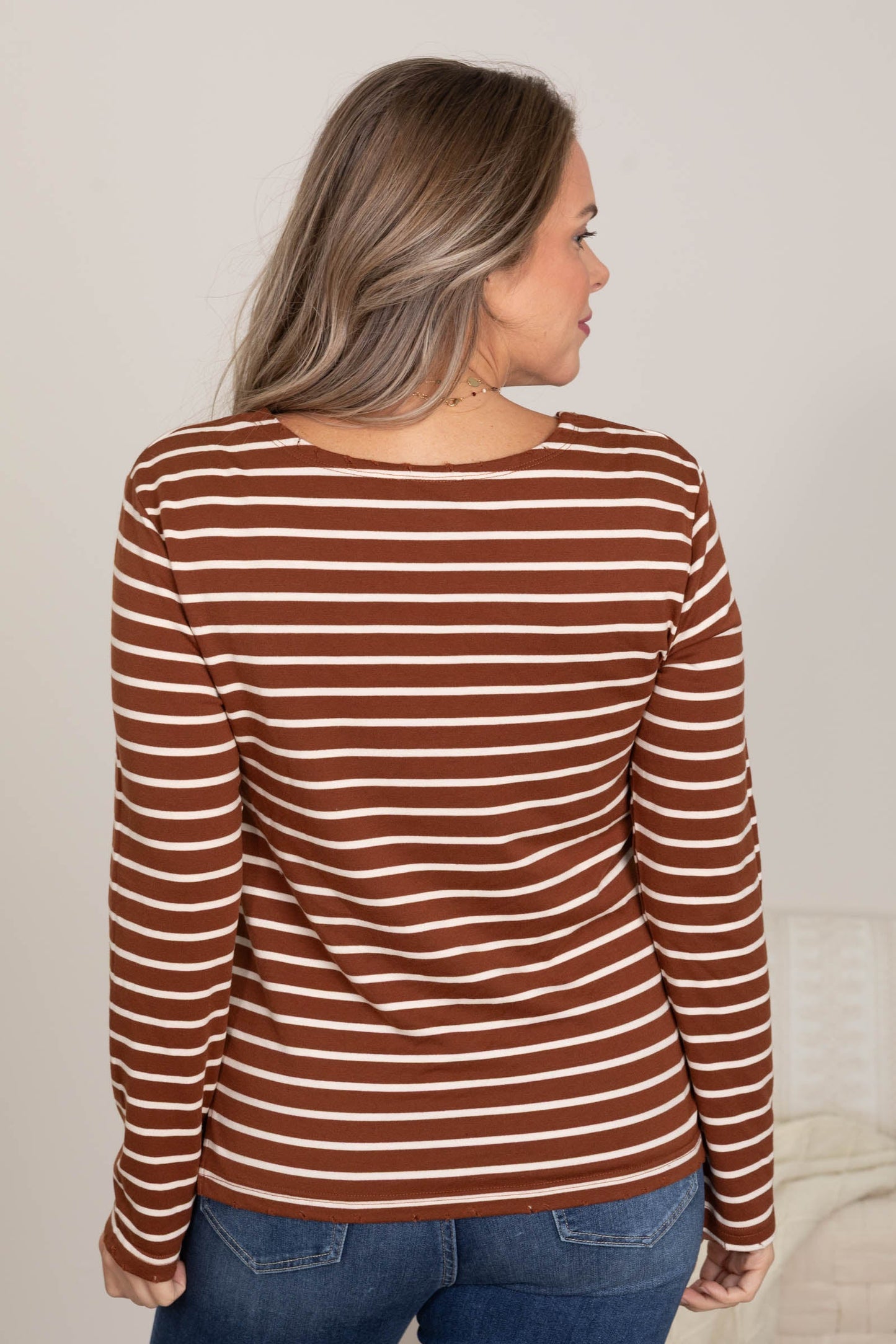 Stripe Long Sleeve Knit Tops With Laser Cuts