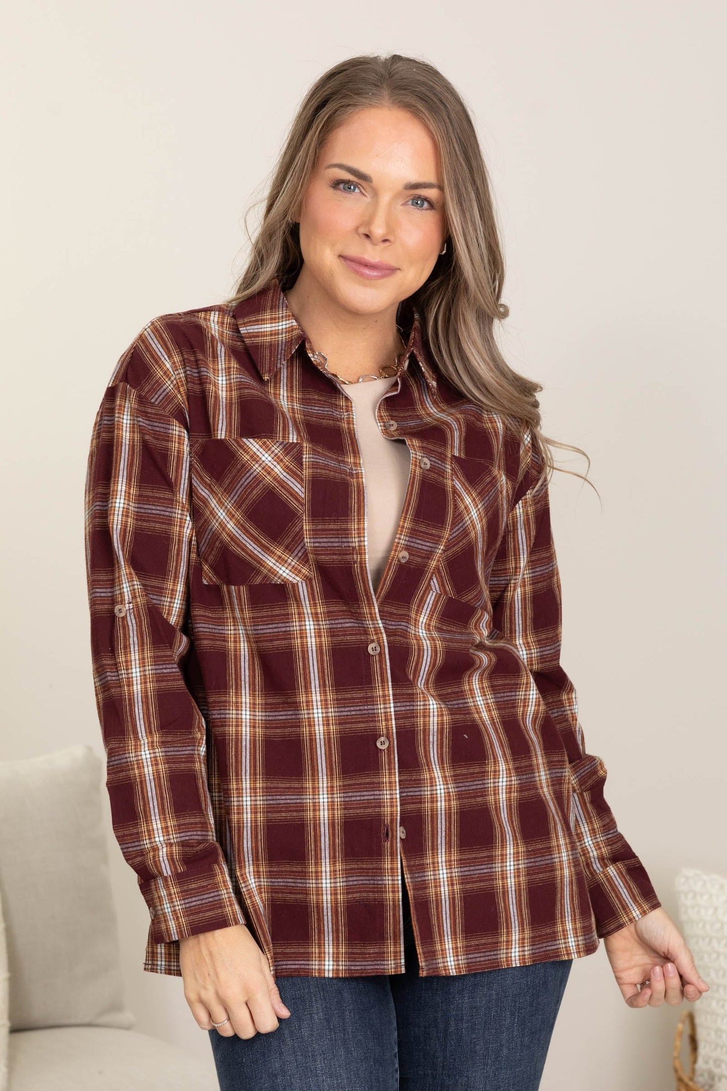 Berry Plaid Woven Top With Roll Up Sleeve