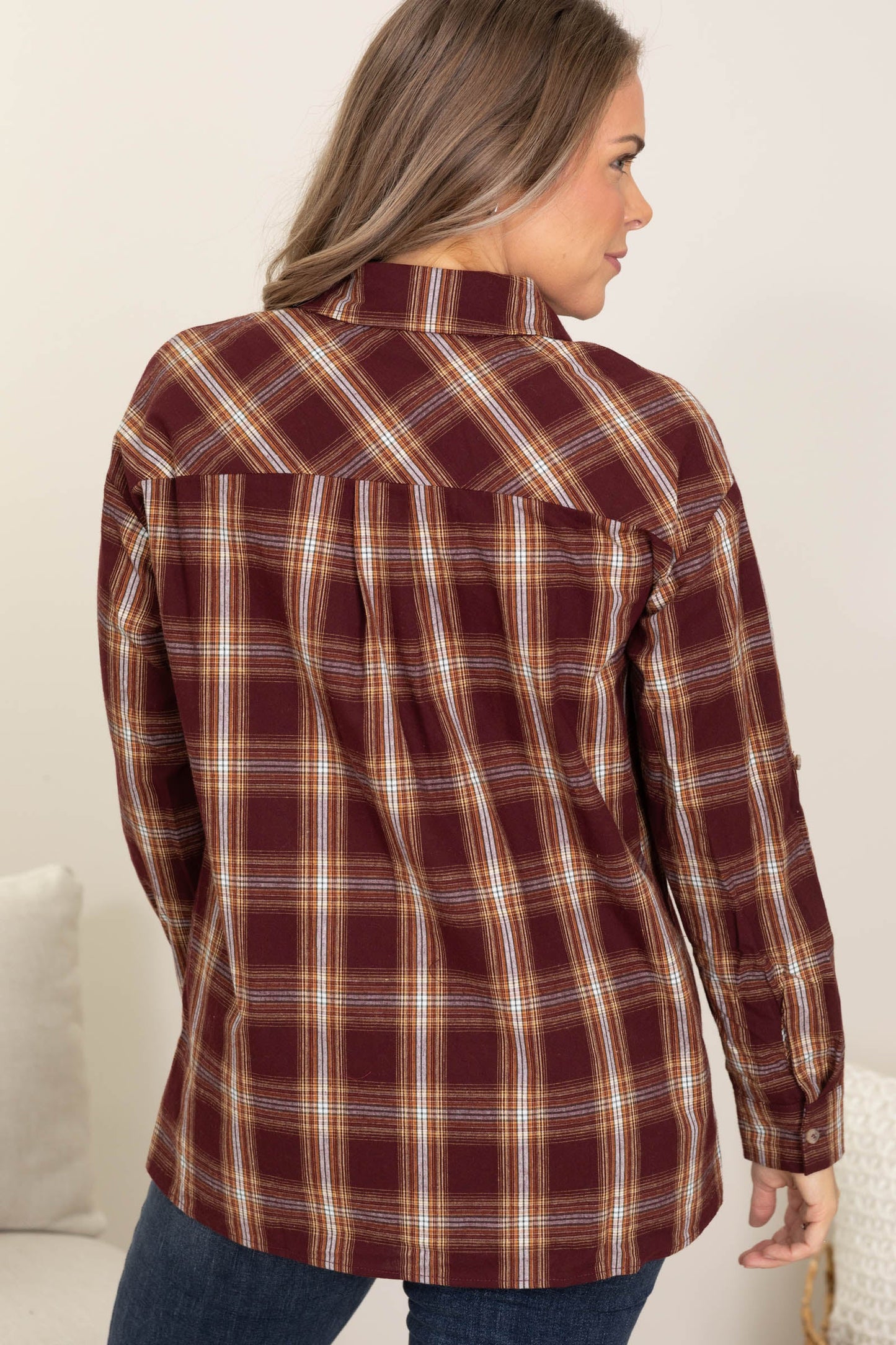 Berry Plaid Woven Top With Roll Up Sleeve