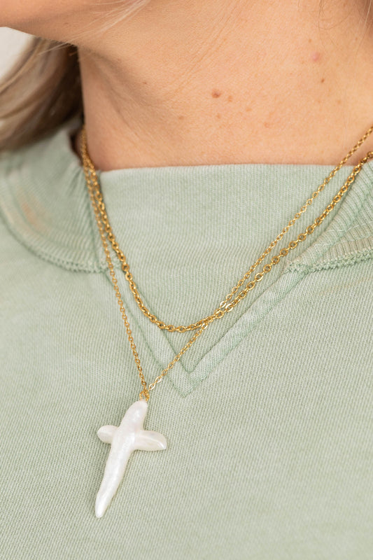 18K Gold Non-Tarnish Pearl Cross Necklace