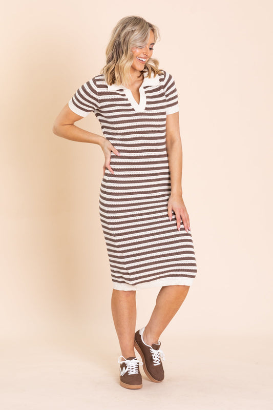 Mocha Stripe Crochet Knit Collard Midi Dress