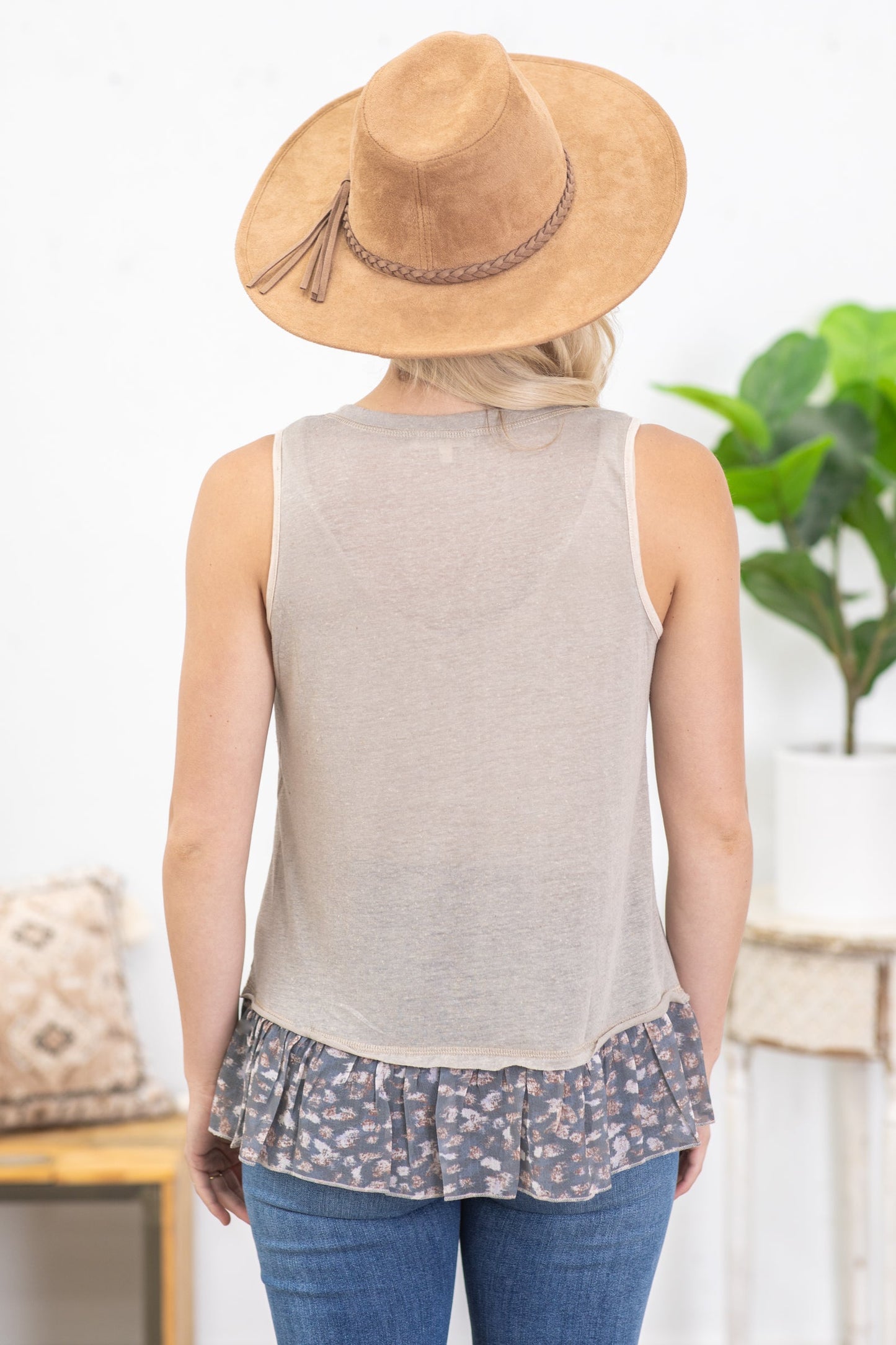 Dusty Grey And Steel Ruffle Hem Knit Tank Top