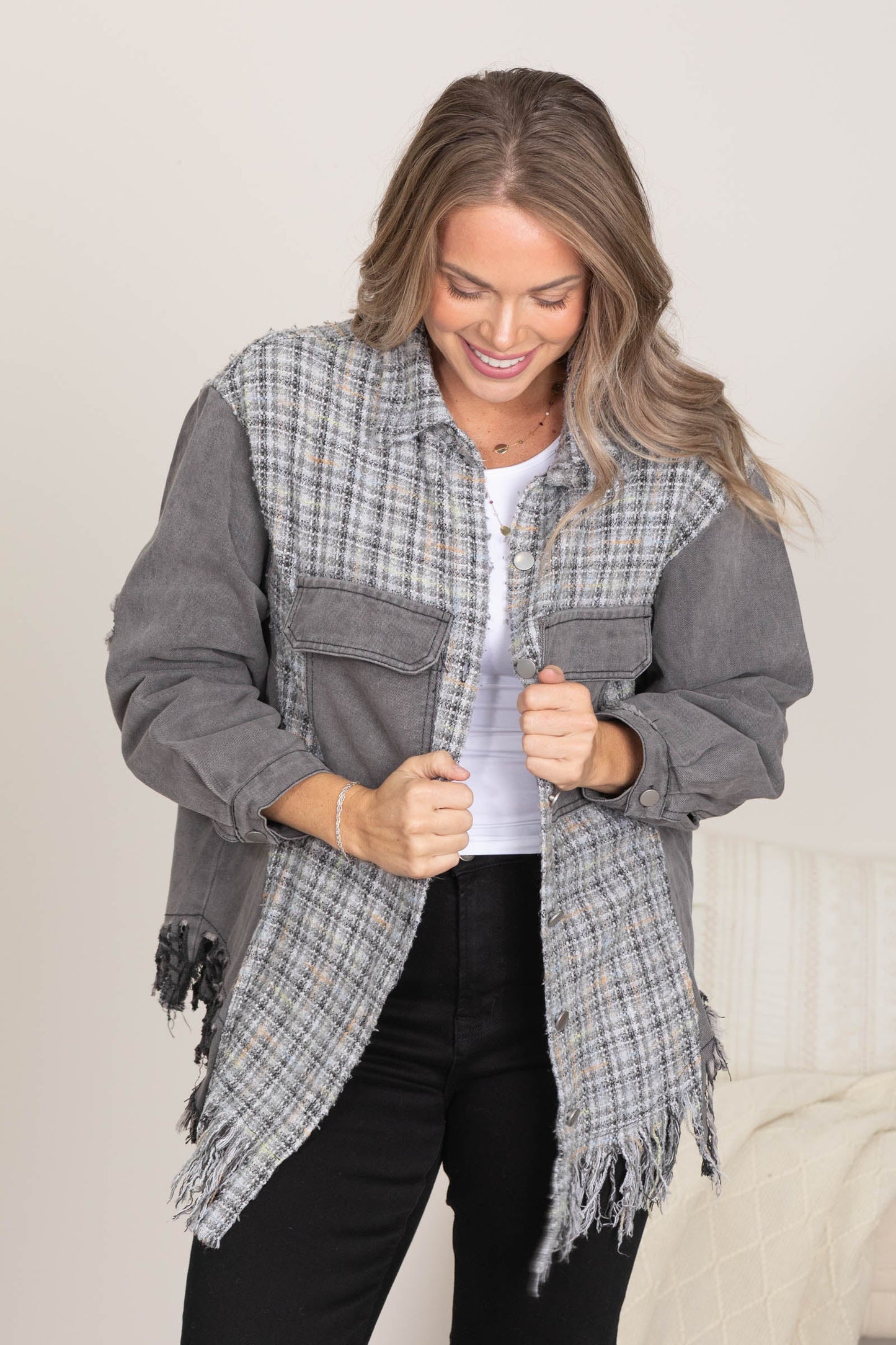 Charcoal Tweed Mixed Denim Shacket With Fringe