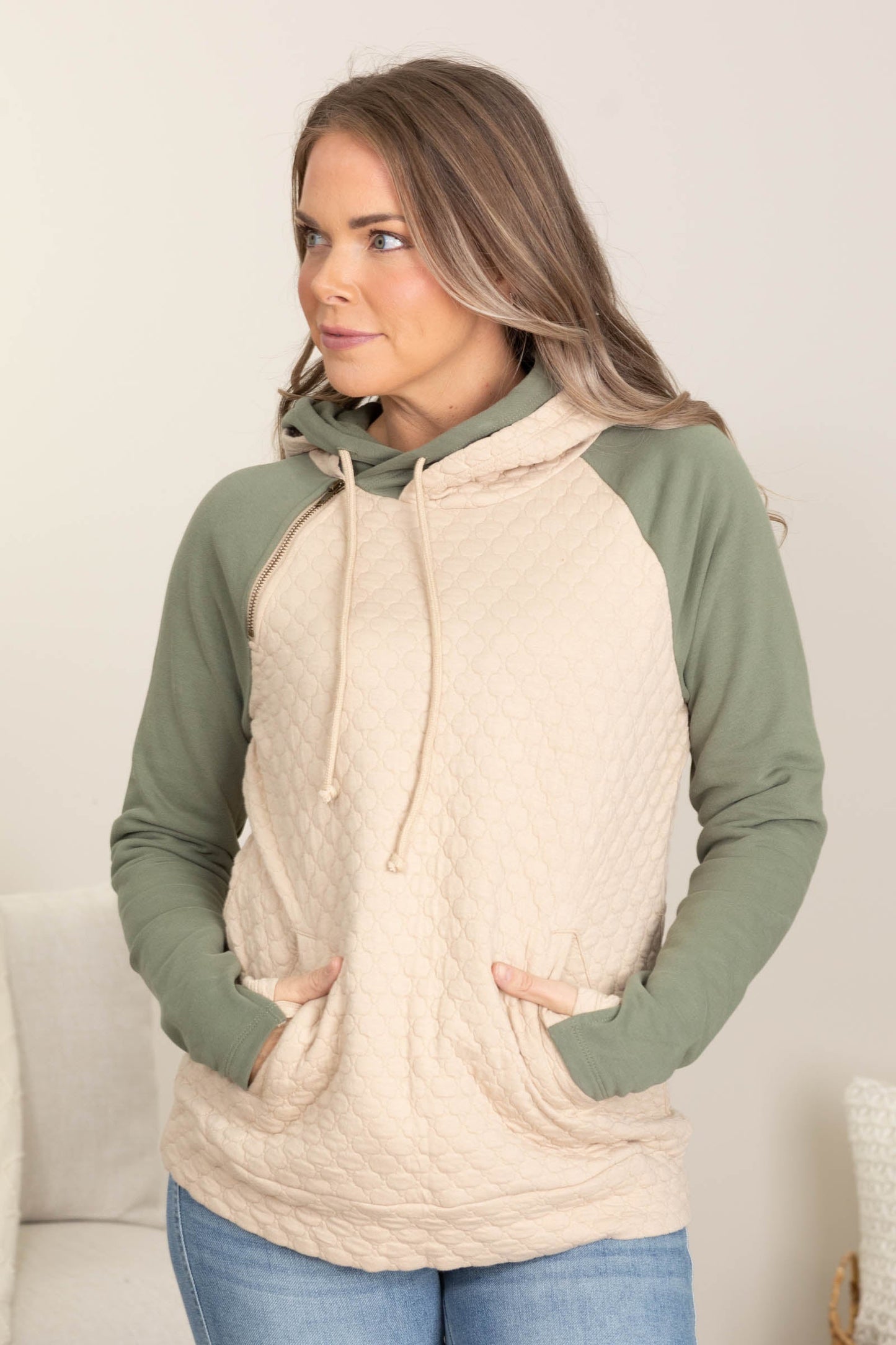 Quilted Jacquard Knit Layered Hood Sweatshirts