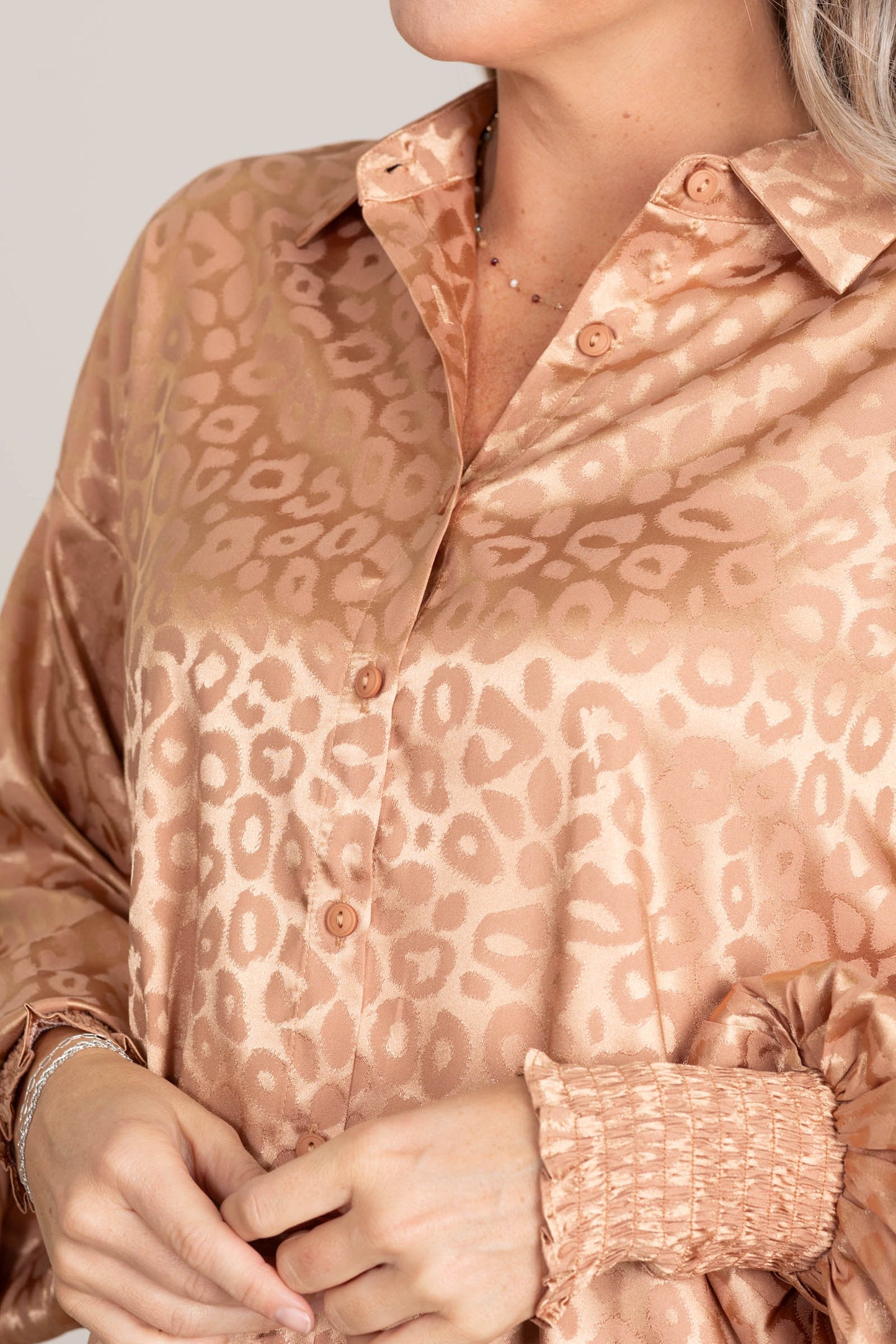 Camel Leopard Pattern Satin Woven Top