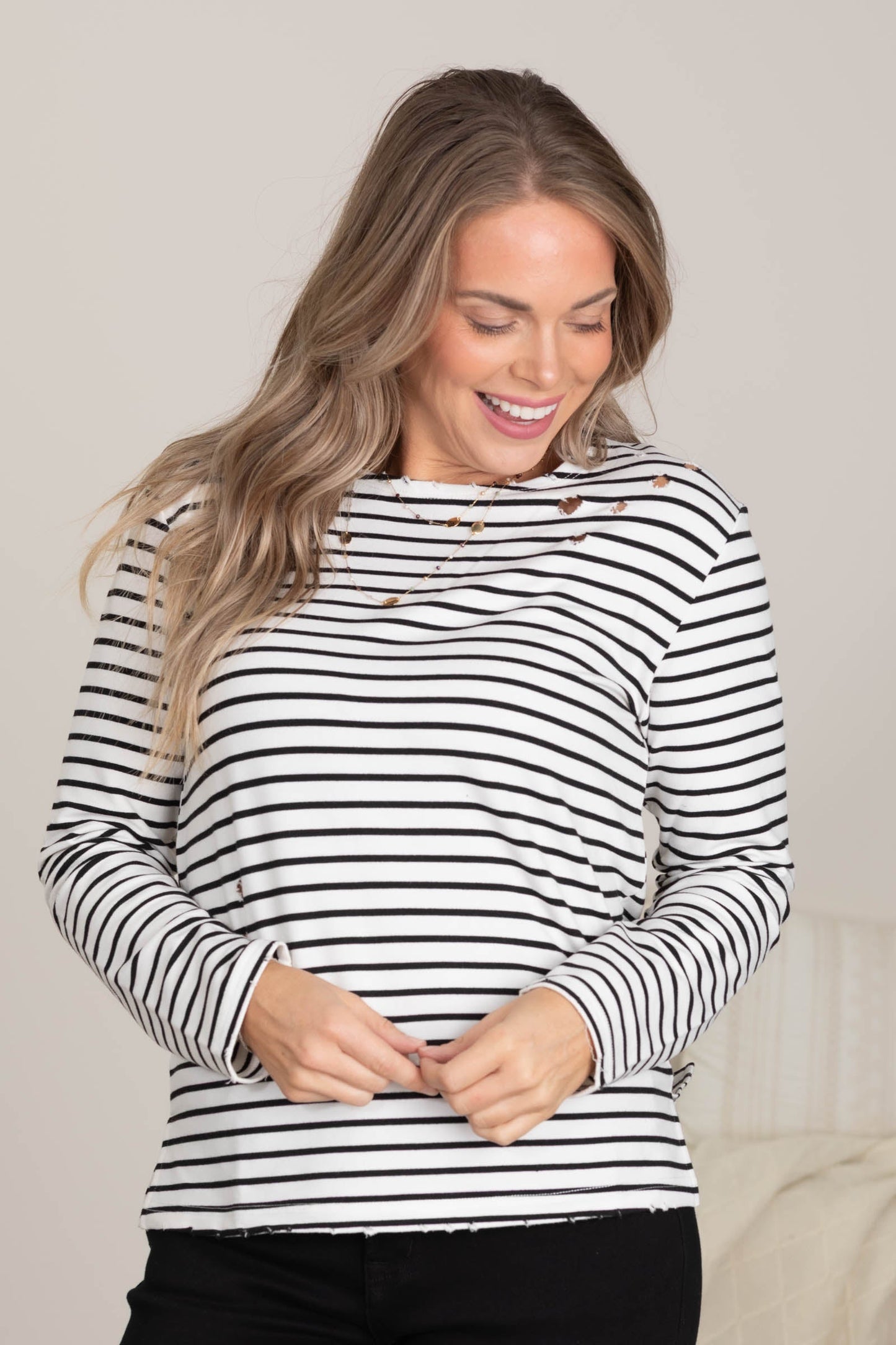 Stripe Long Sleeve Knit Tops With Laser Cuts