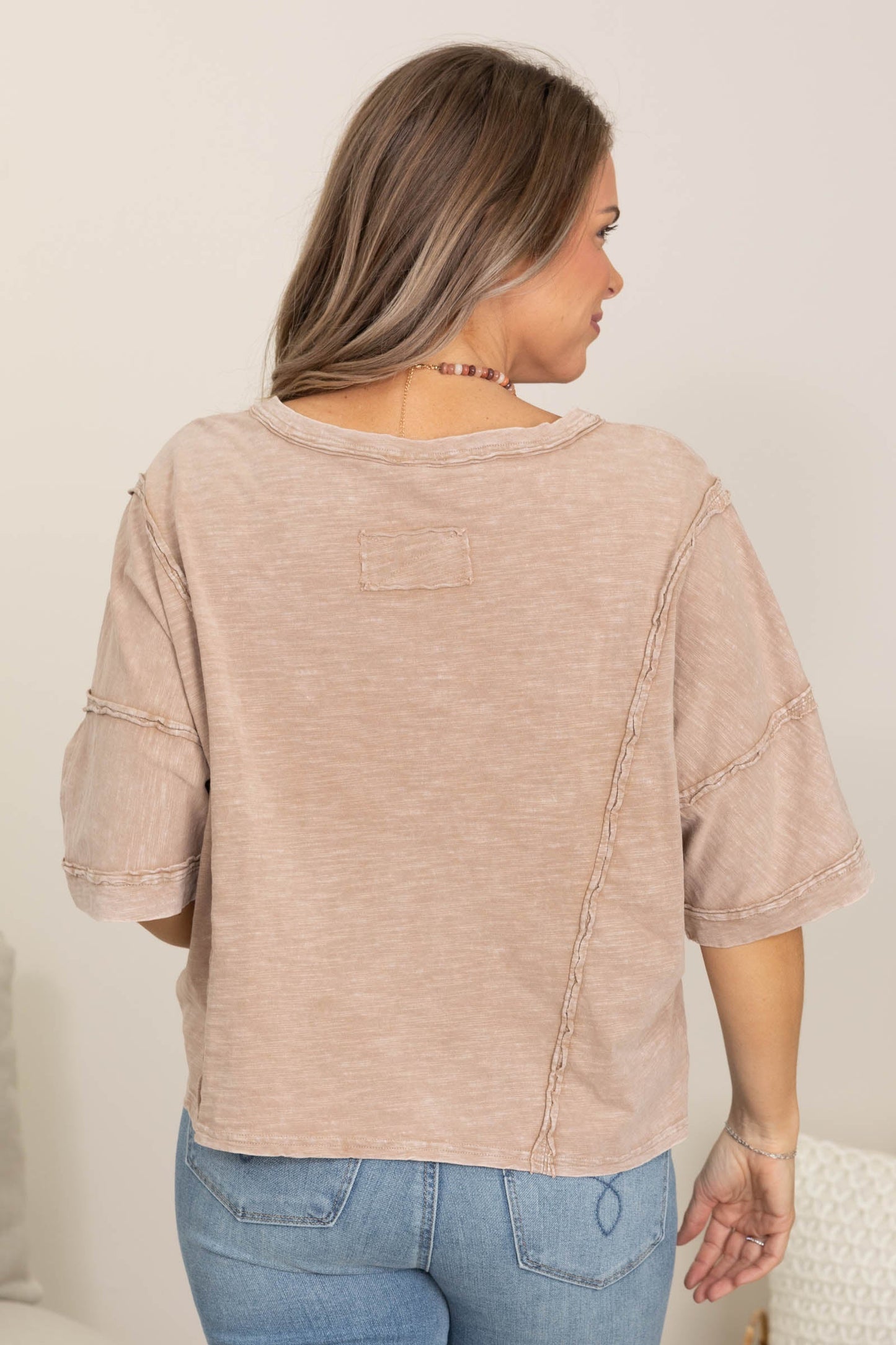 Mocha Easy Fit Top With Crochet Applique
