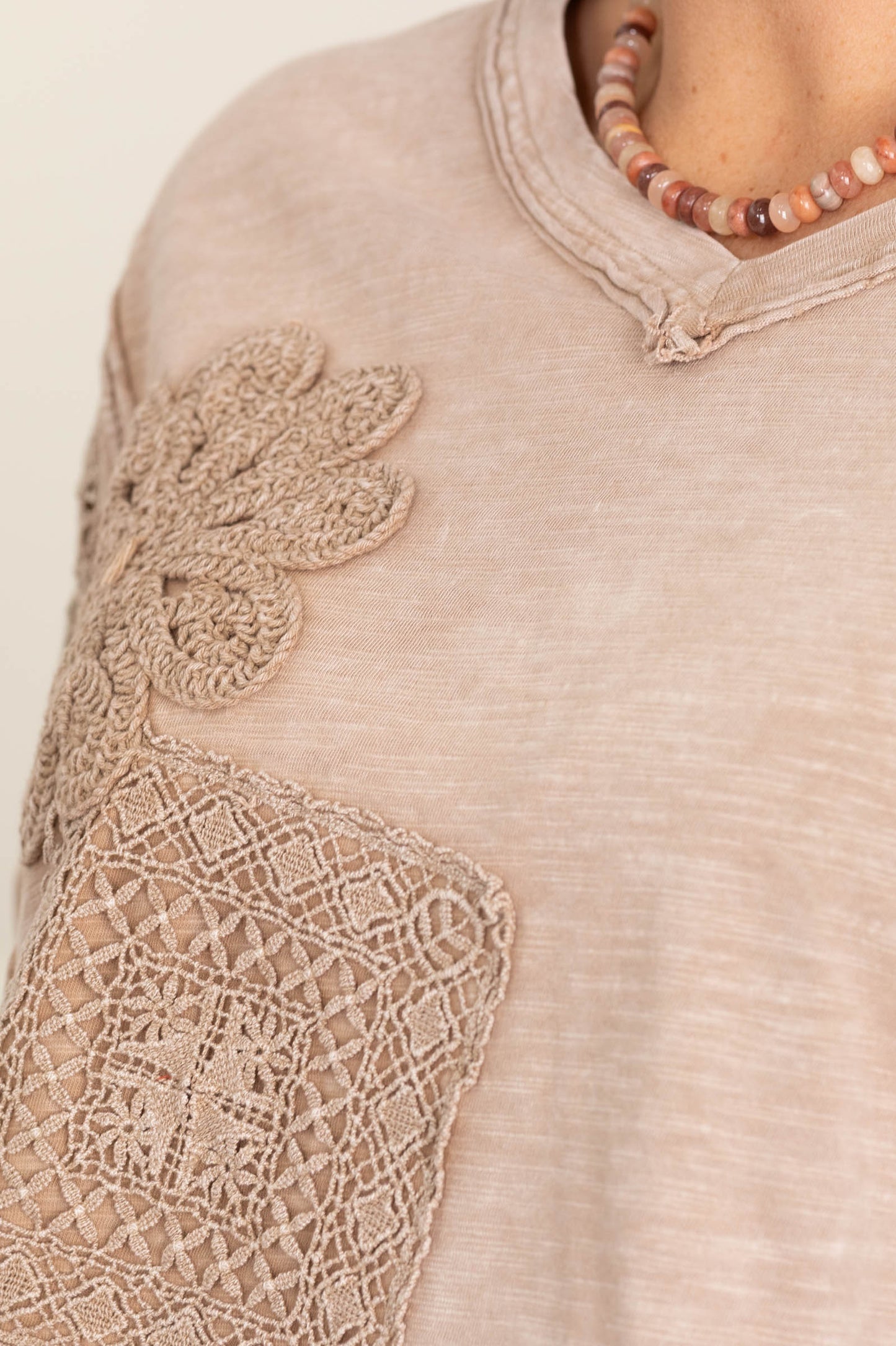 Mocha Easy Fit Top With Crochet Applique