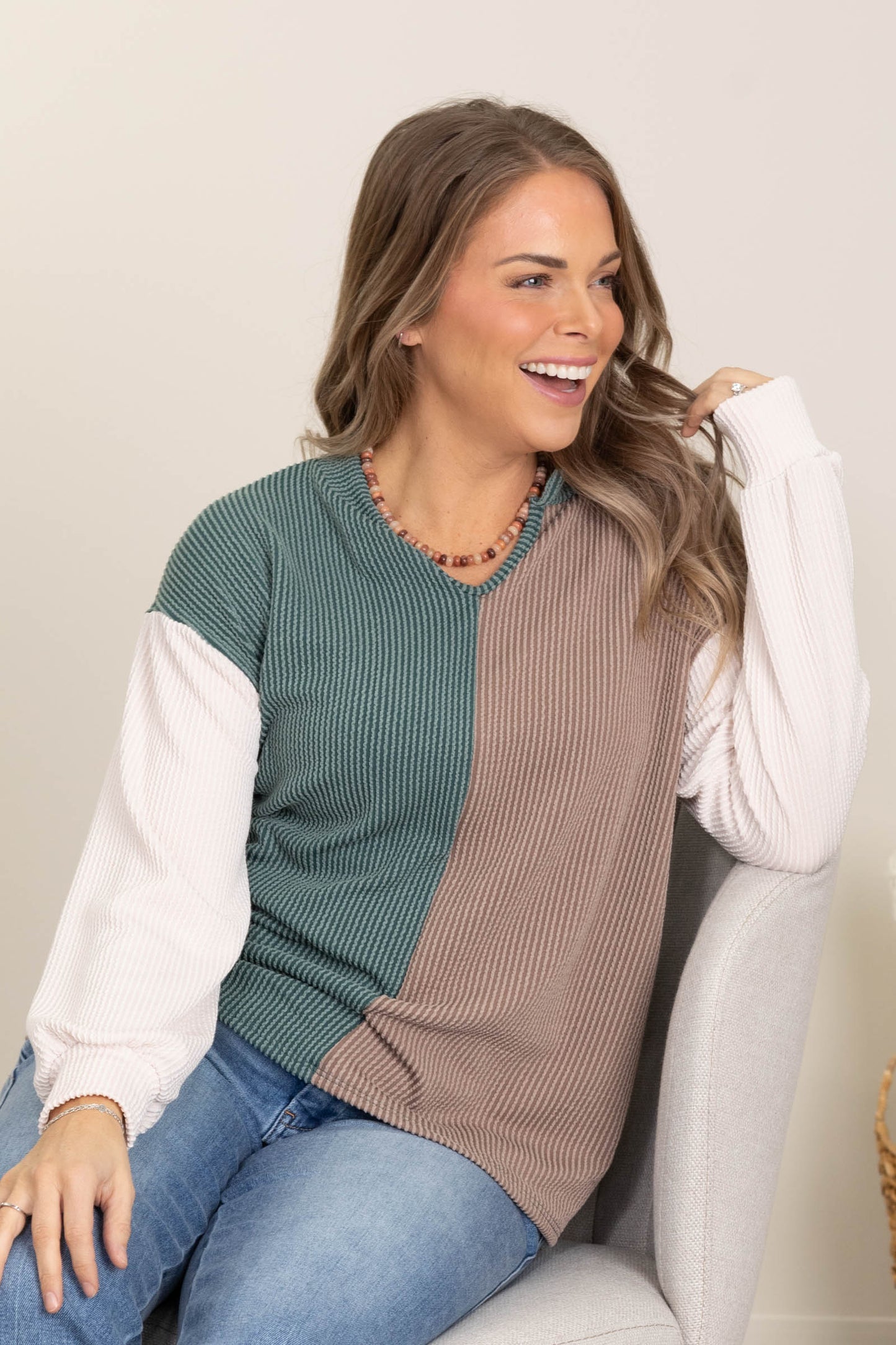 Colorblock Ribbed Knit Tops With V-Neck