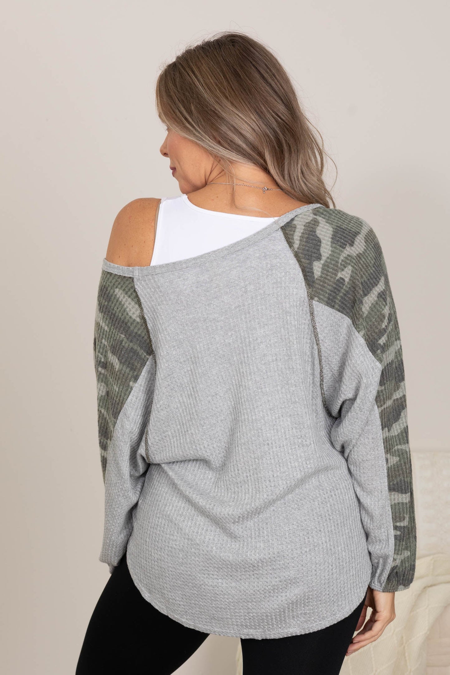 Heather Grey V-Neck Contrast Camo Knit Top