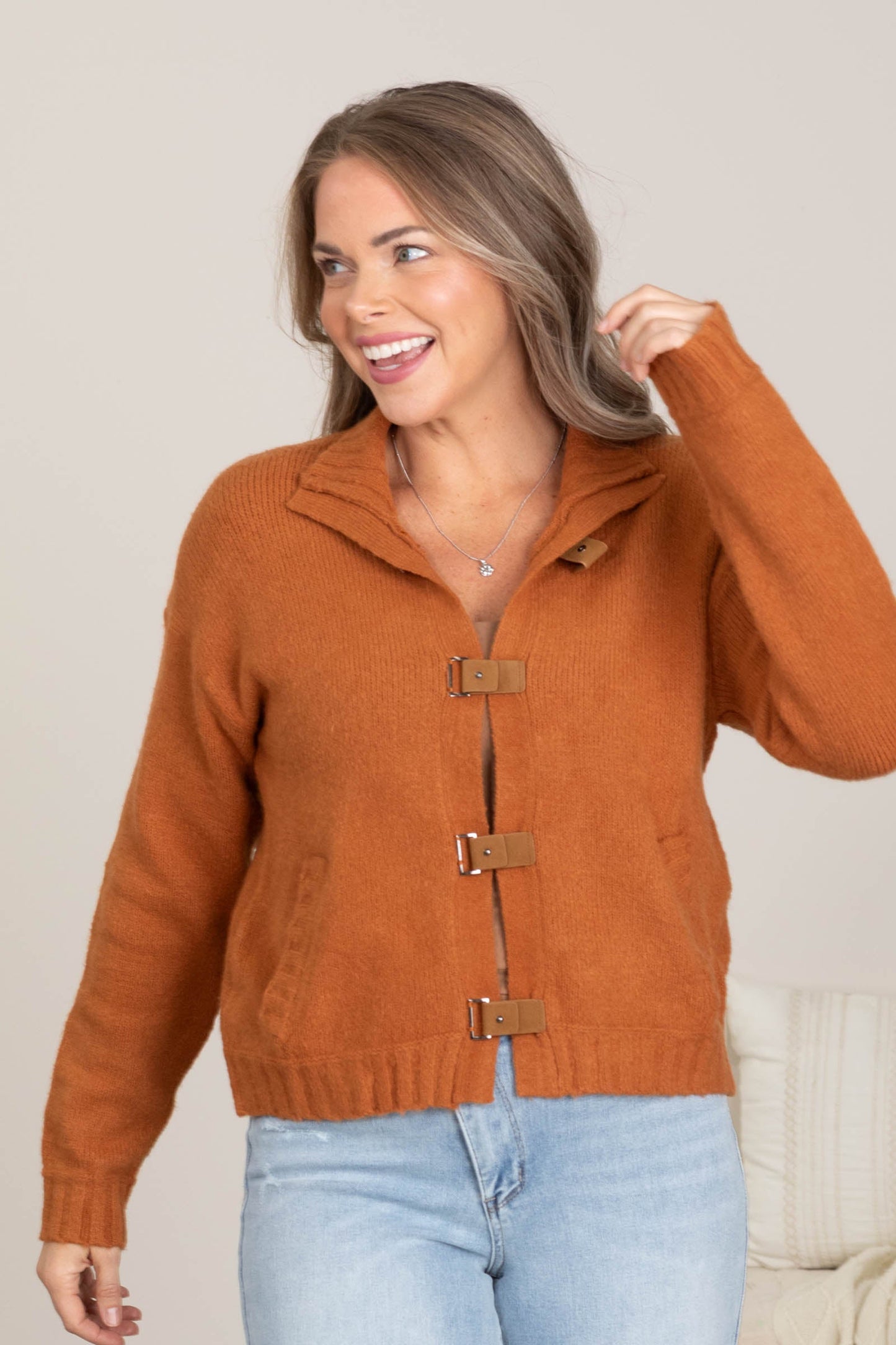 Caramel Soft Knit Cardigan And Buckle Closures