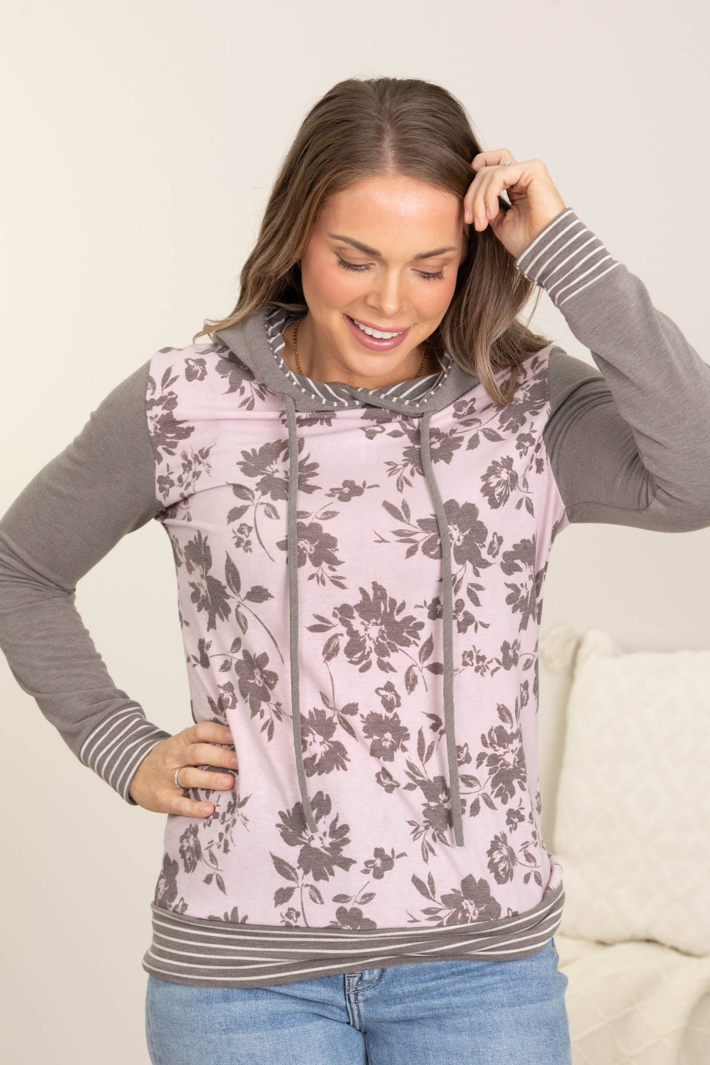 Dark Mocha Floral With Stripe Hoodie Knit Top