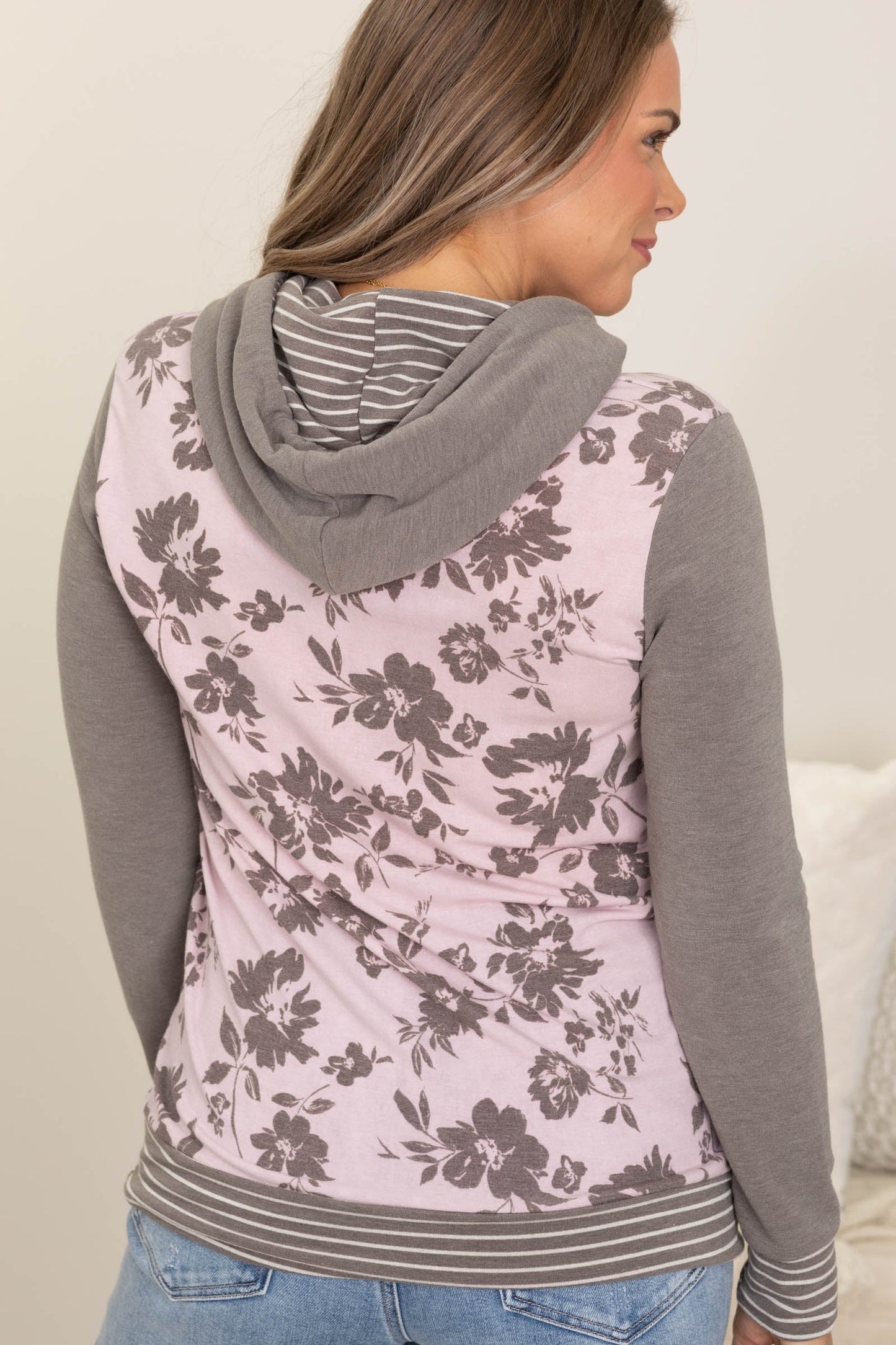 Dark Mocha Floral With Stripe Hoodie Knit Top