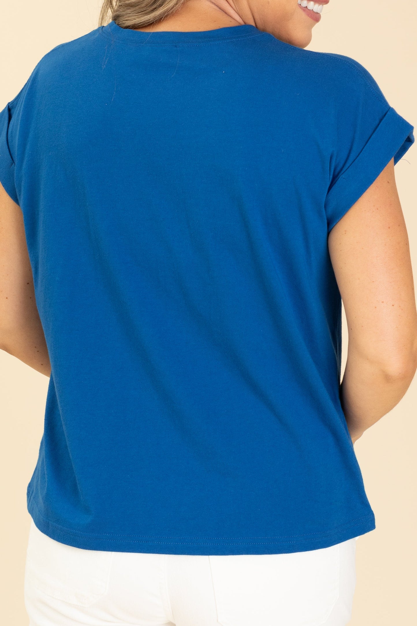 Round Neck Cuffed Detail Short Sleeve Top