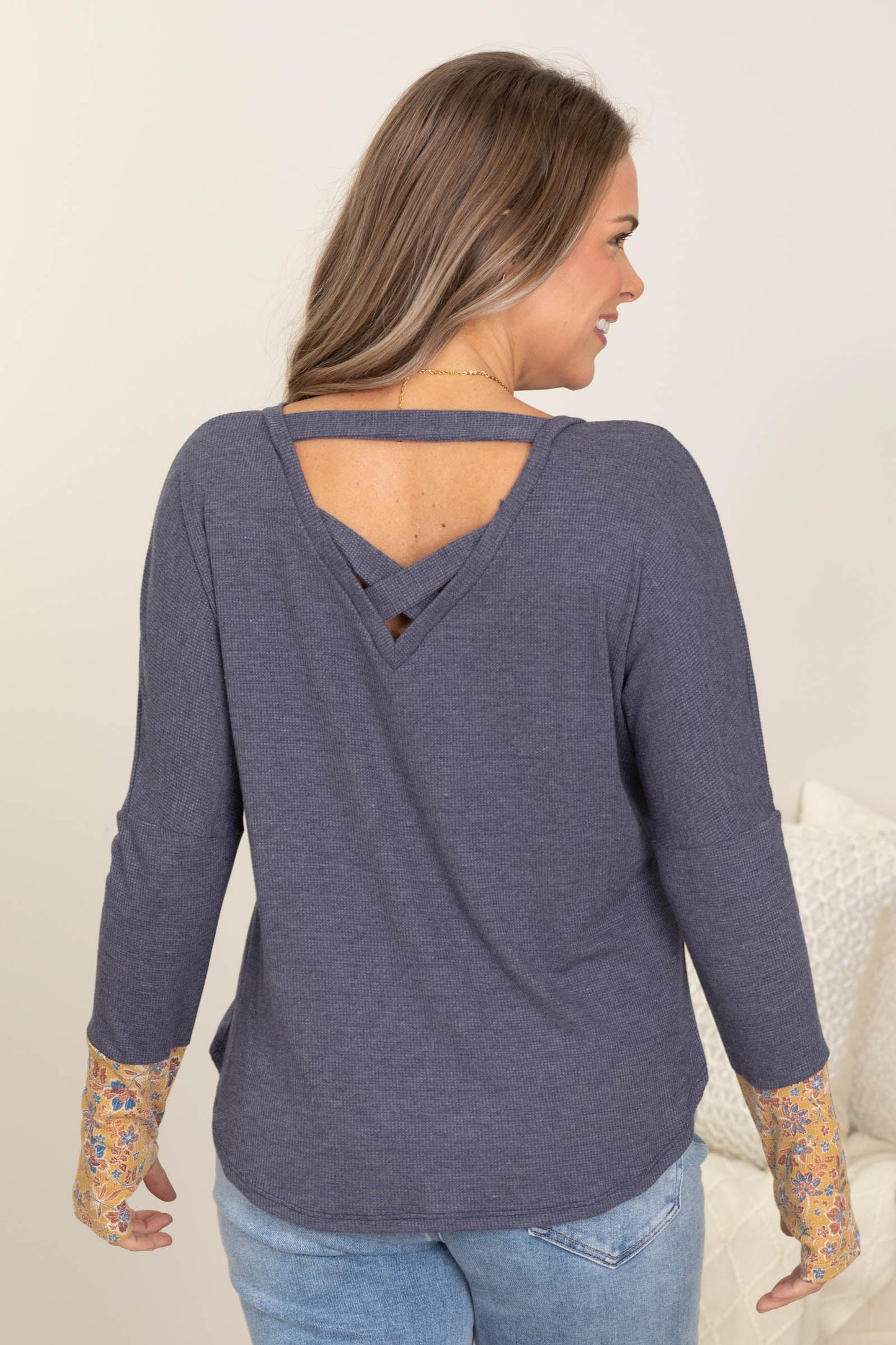 Slate Blue with Mustard Floral Knit Top