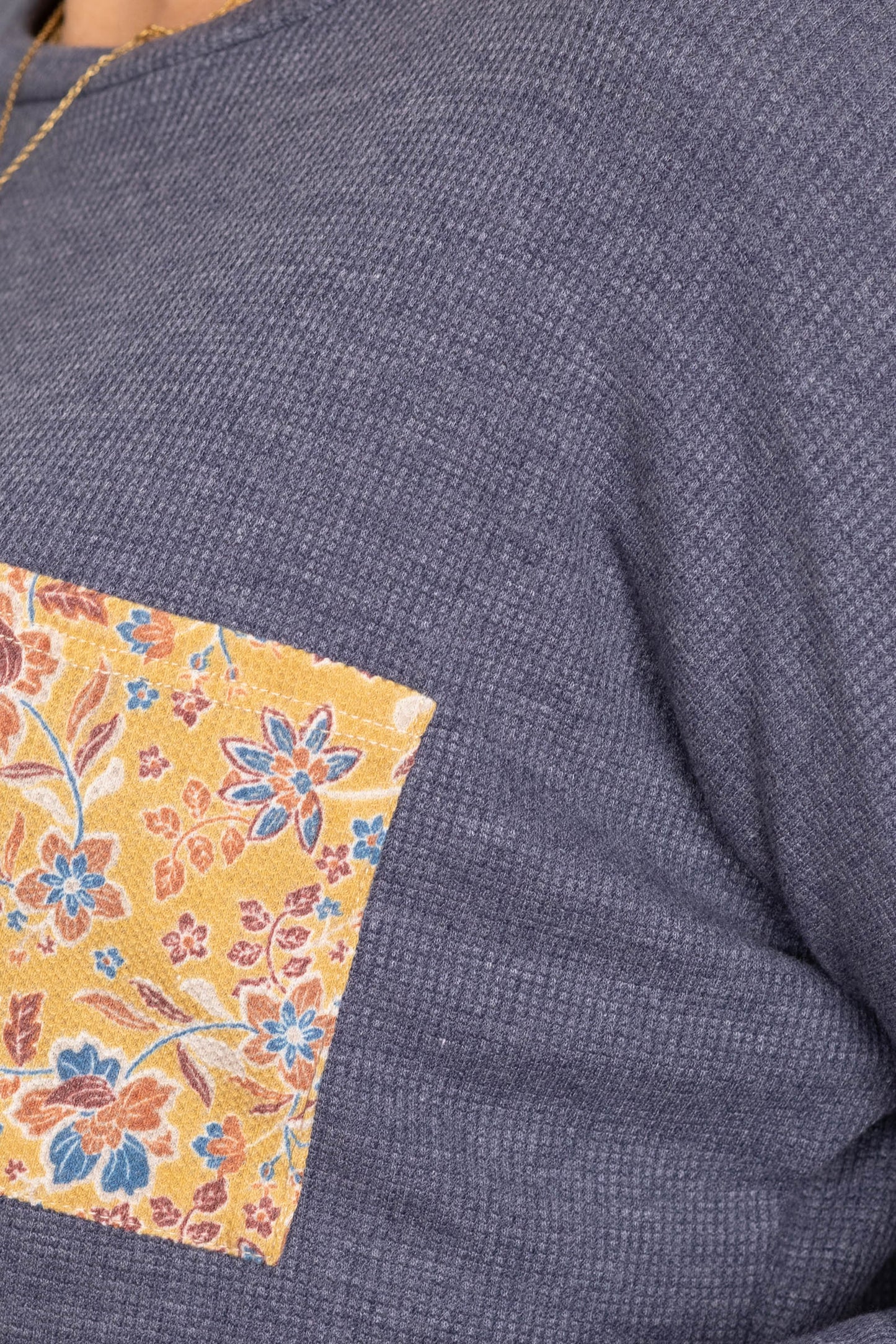Slate Blue with Mustard Floral Knit Top