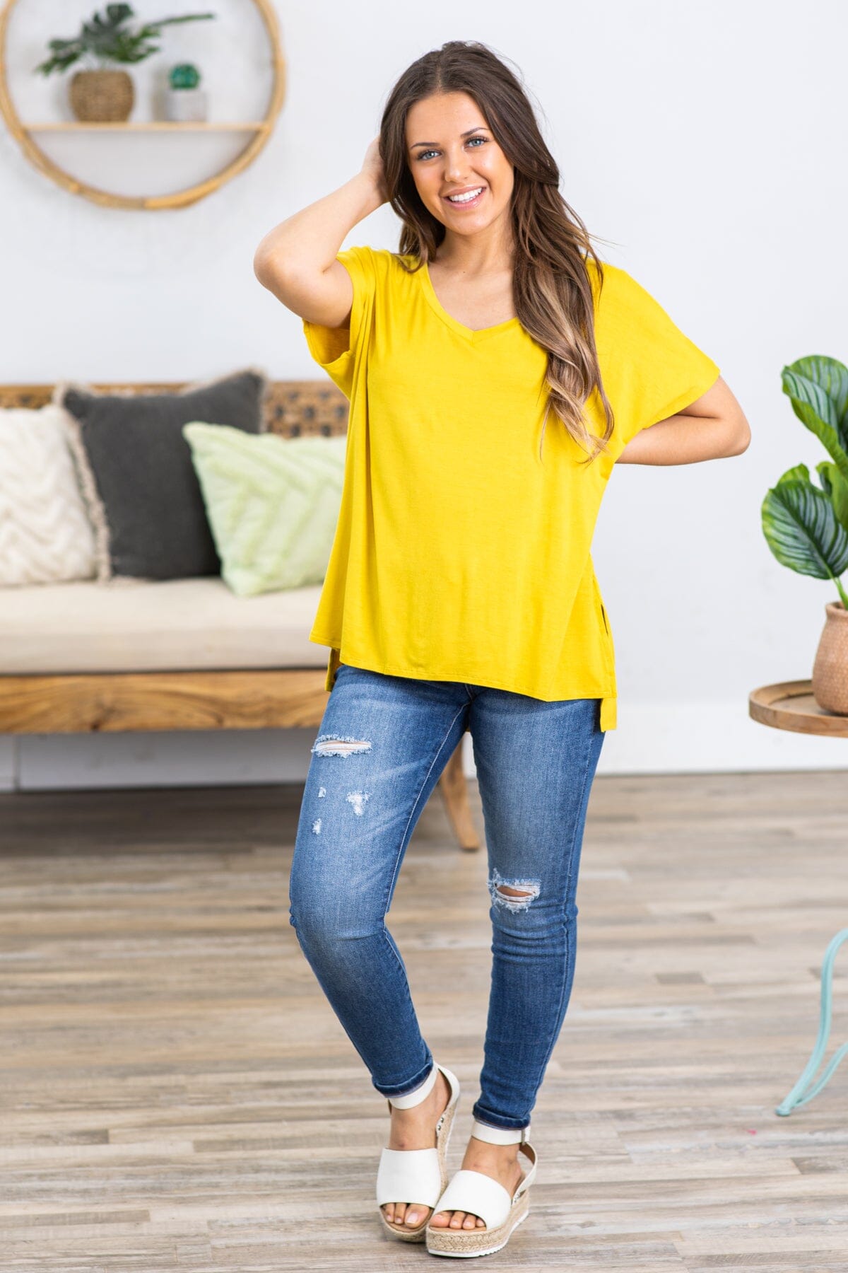 Mustard V-Neck Dolman Sleeve Top