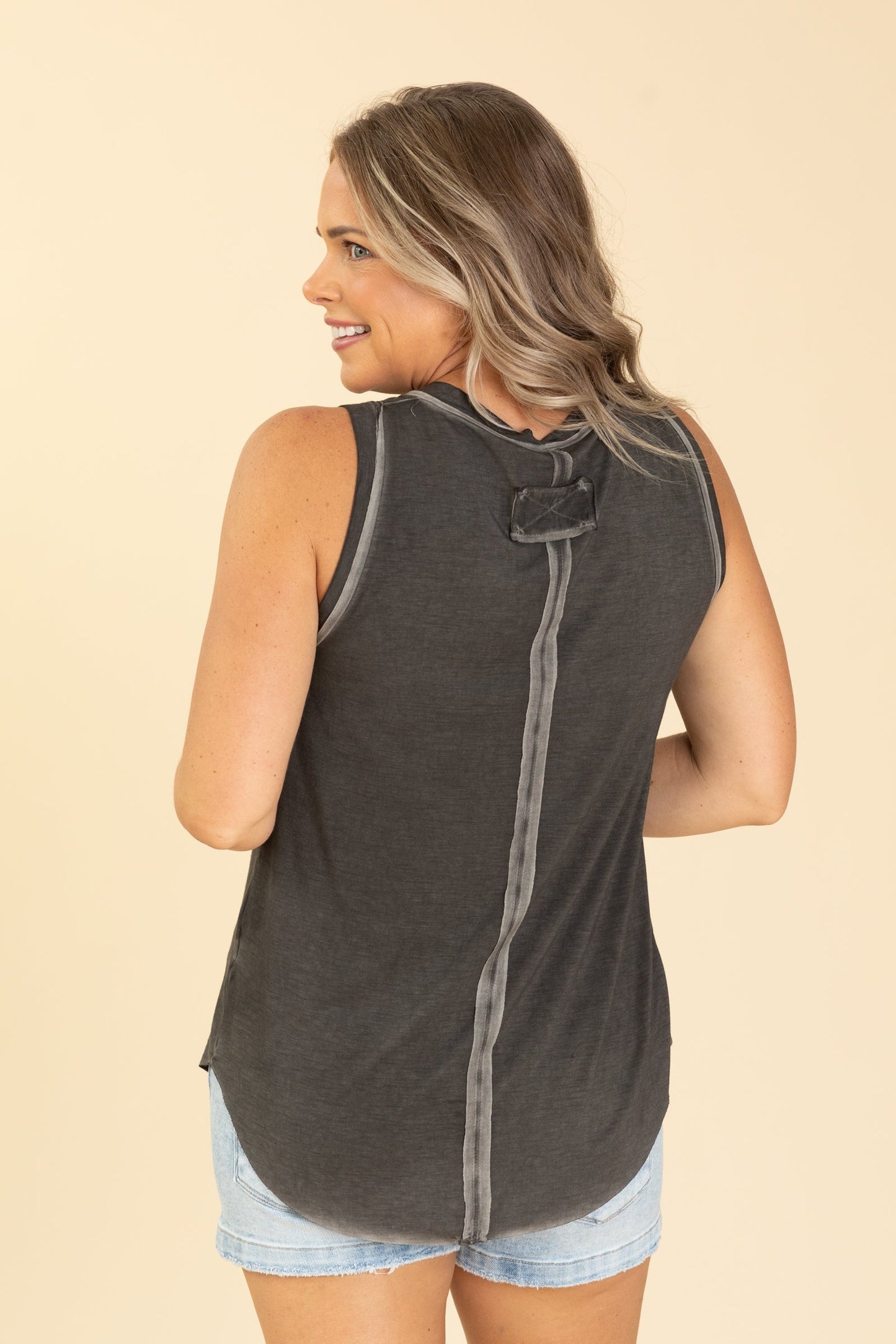 Washed V-Neck Raw Hem Knit Tanks