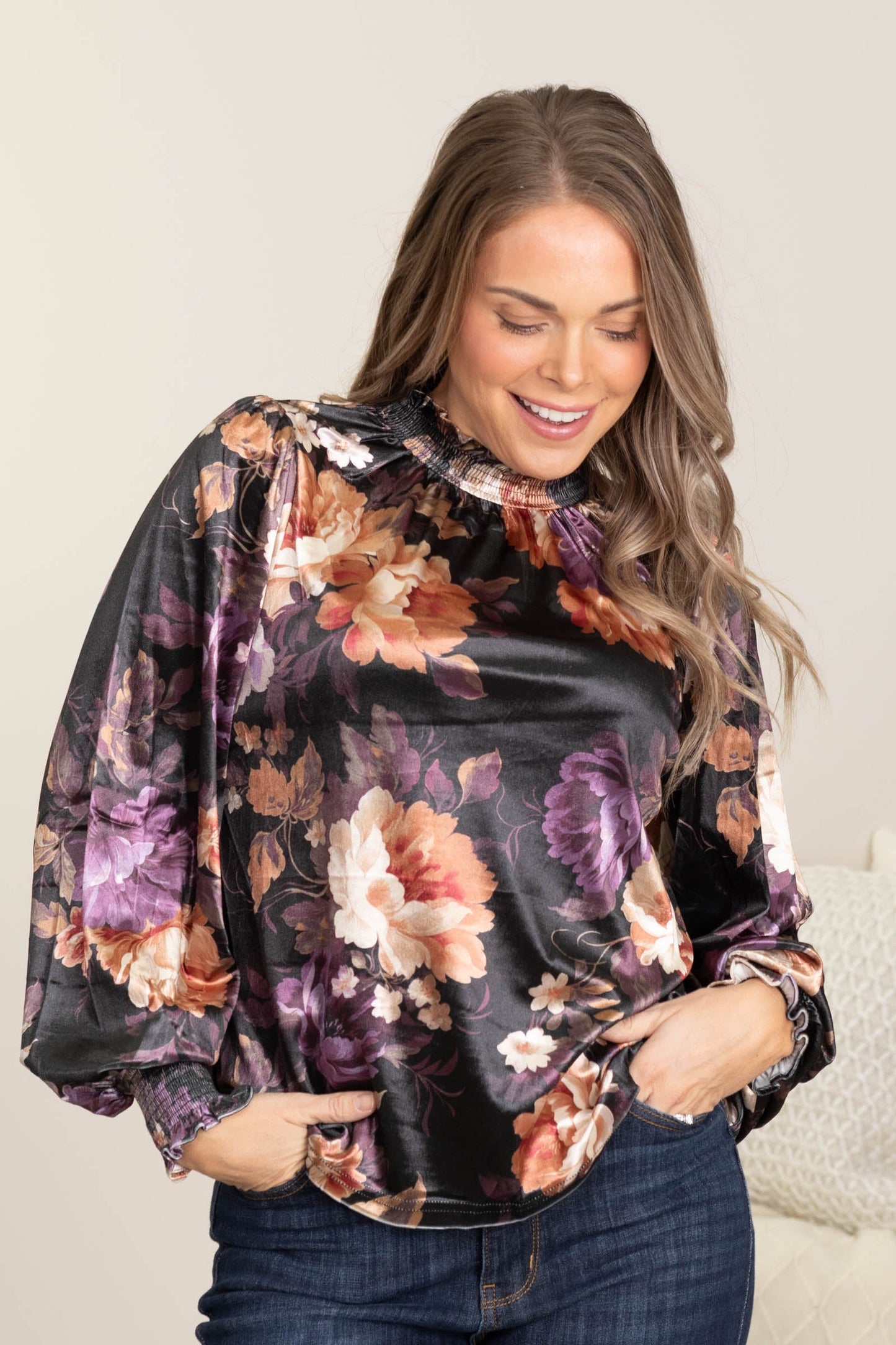 Black Floral Printed Velvet Woven Top