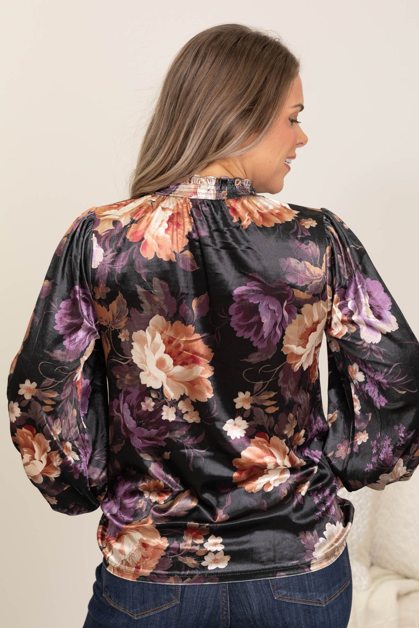 Black Floral Printed Velvet Woven Top