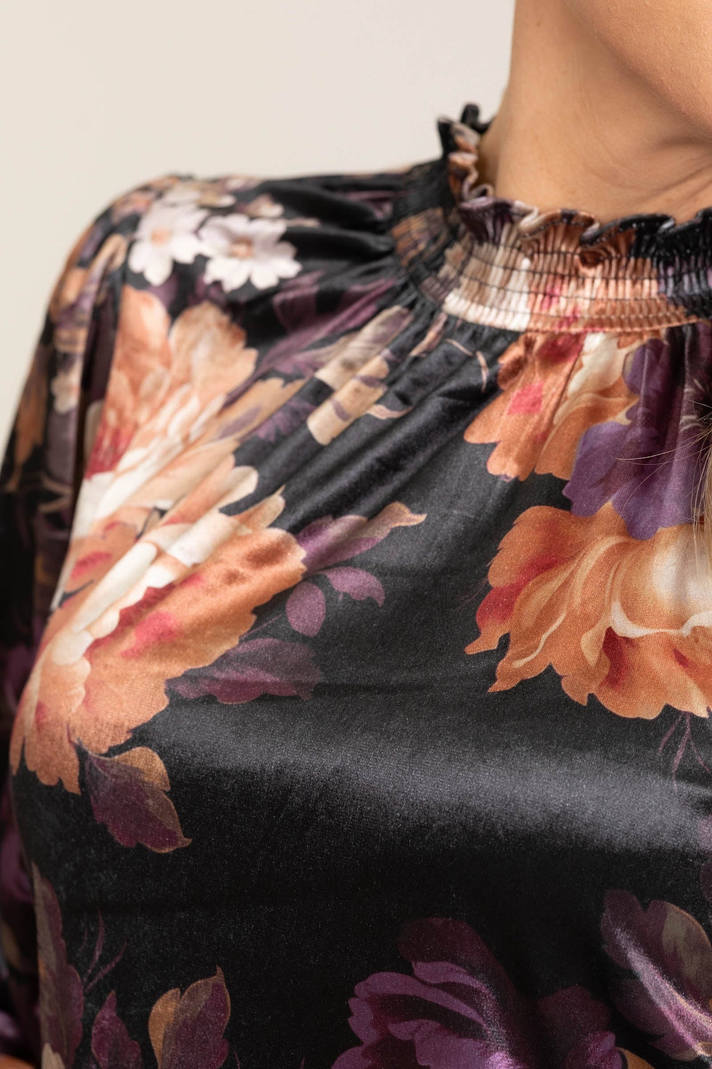 Black Floral Printed Velvet Woven Top