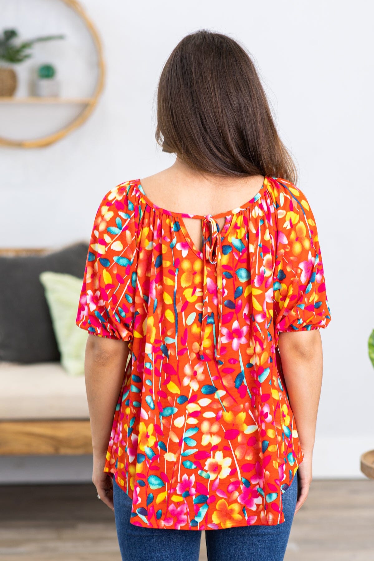 Red and Yellow Multicolor Abstract Floral Top