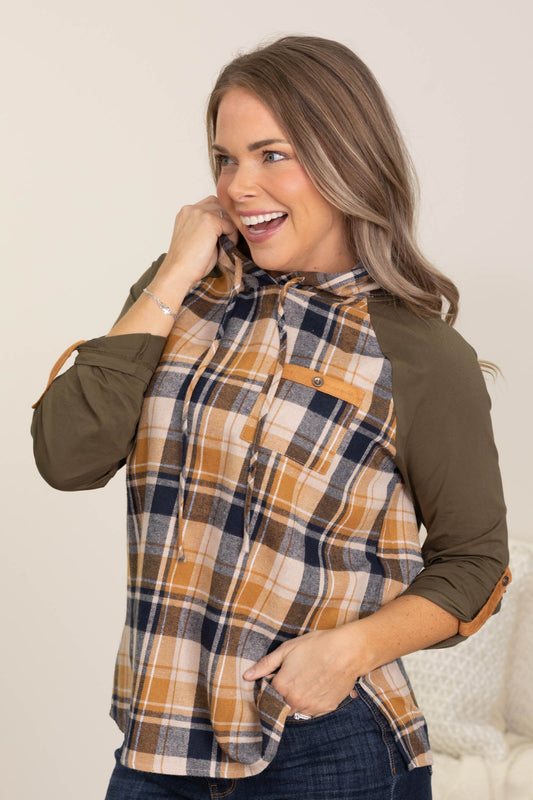 Olive And Mustard Hooded Plaid Knit Top
