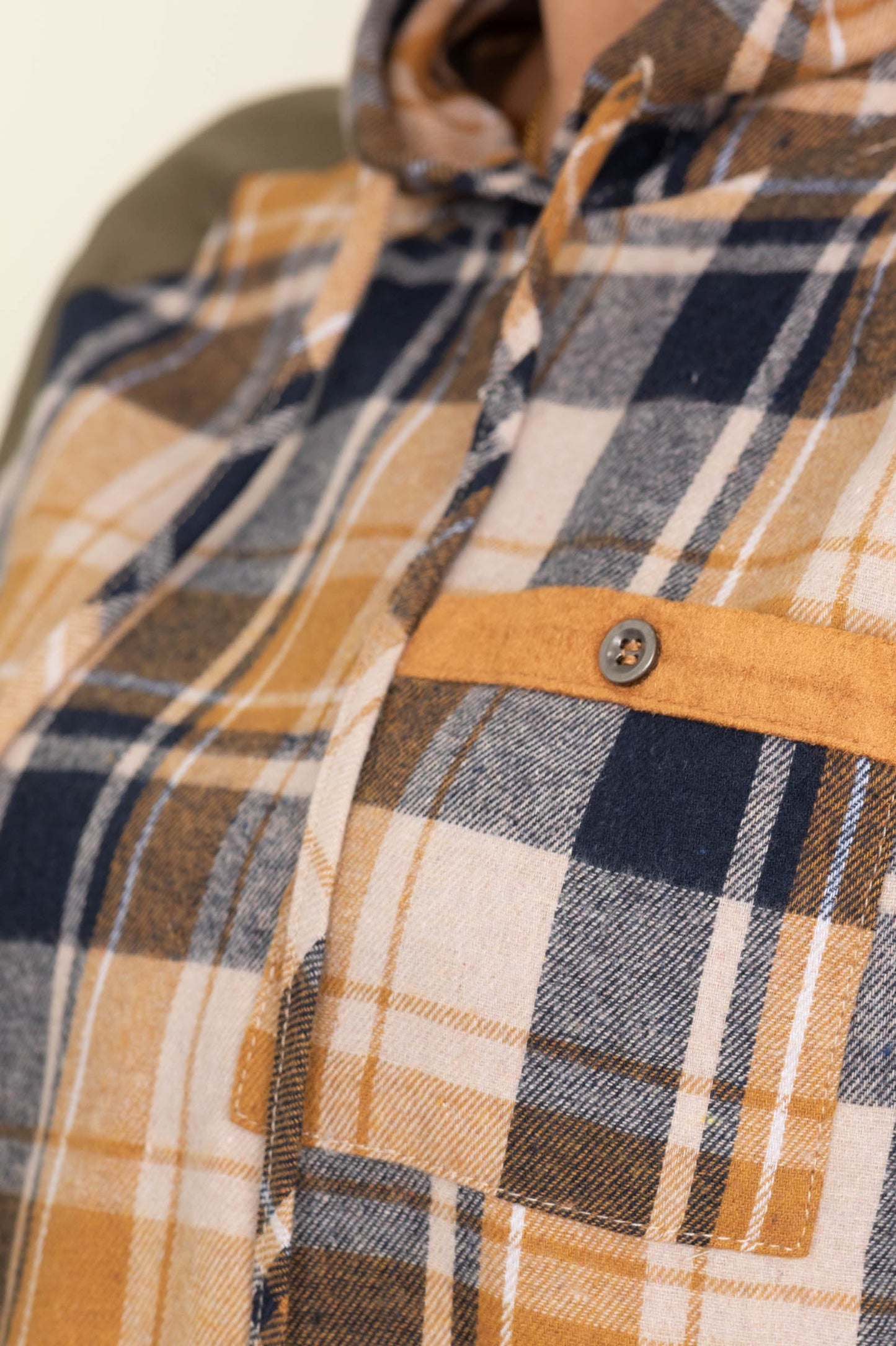 Olive And Mustard Hooded Plaid Knit Top