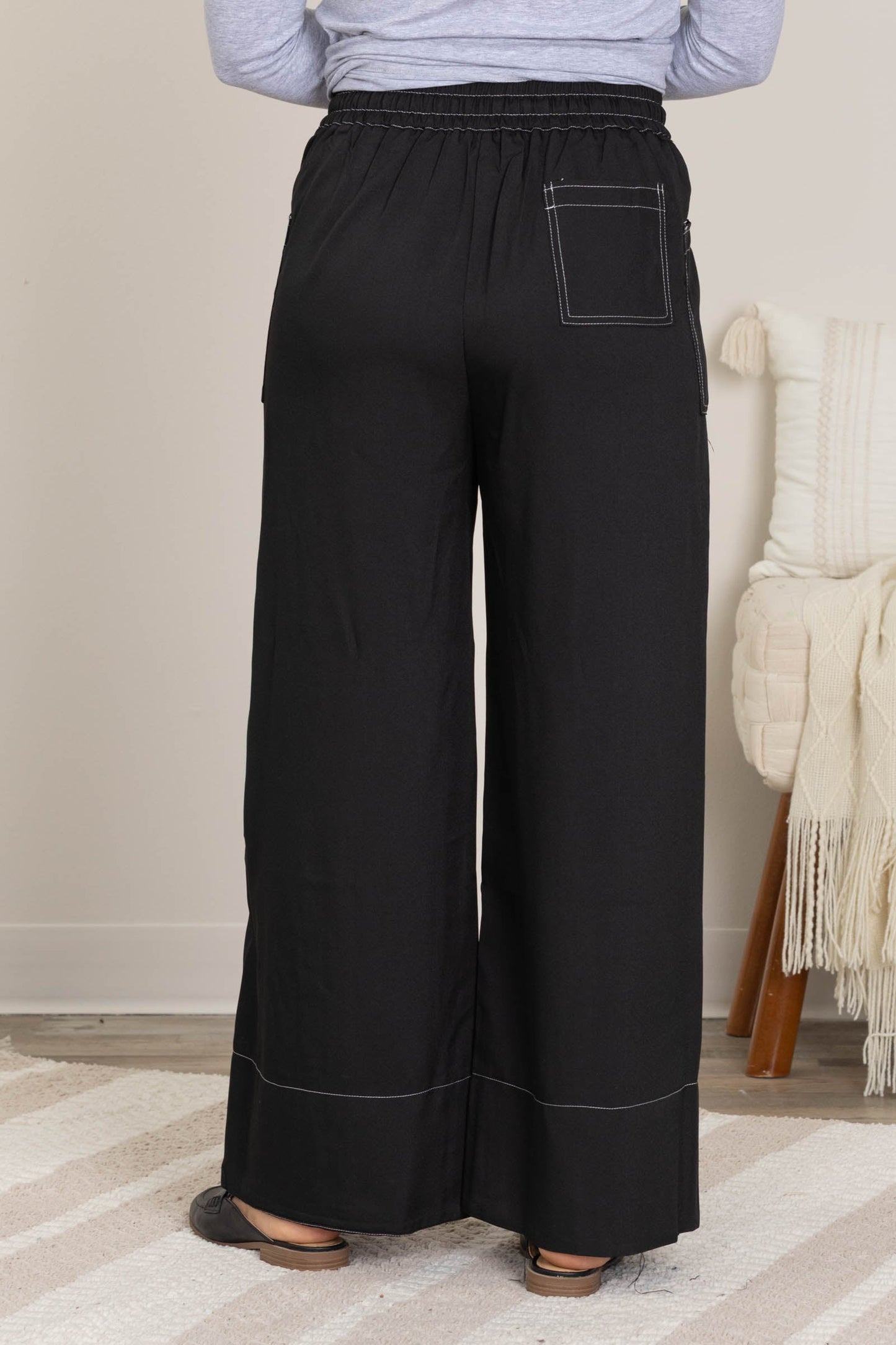 Contrast Stitch Elastic Waist Wide Leg Pants