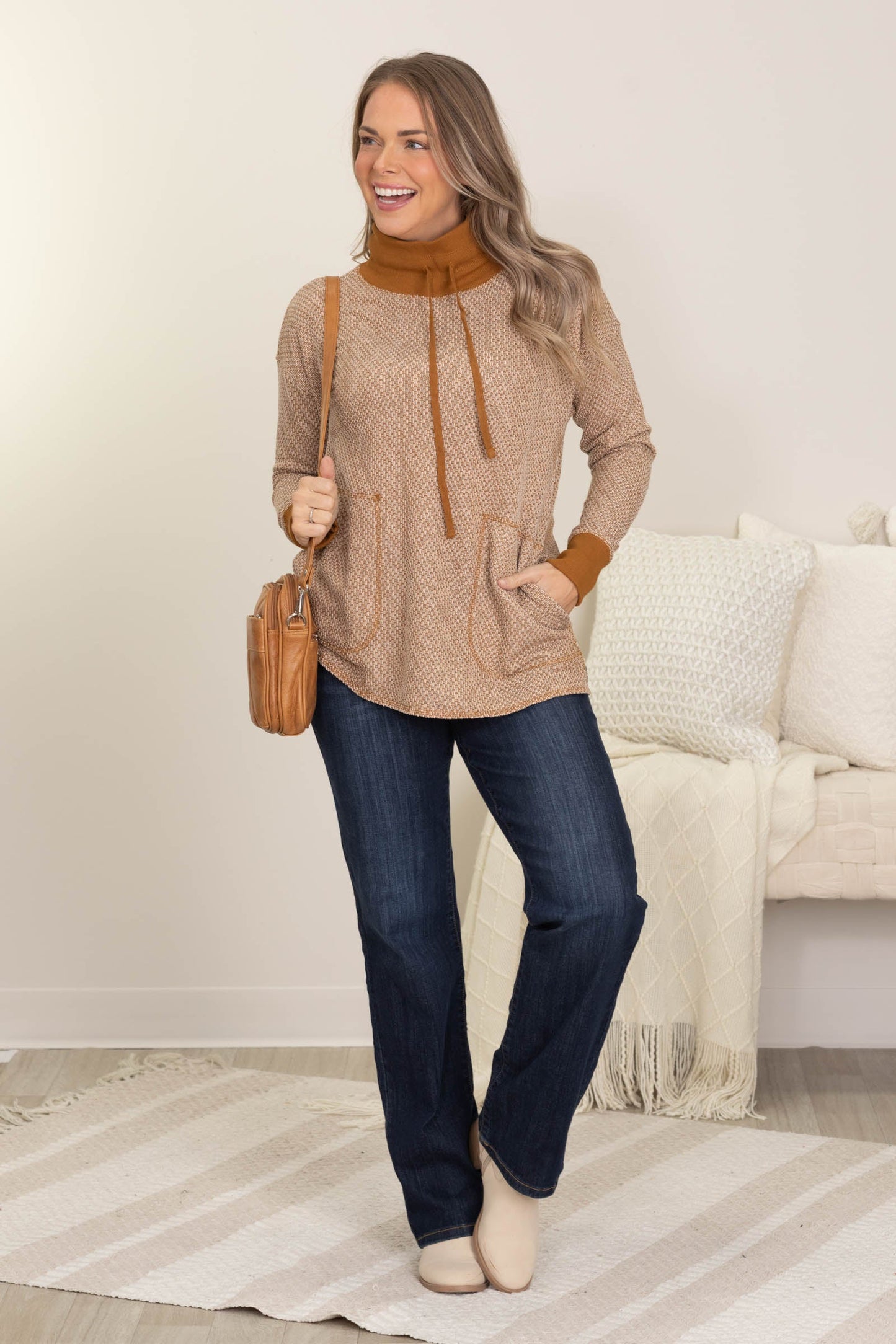 Caramel Funnel Neck Pull Over Knit Top