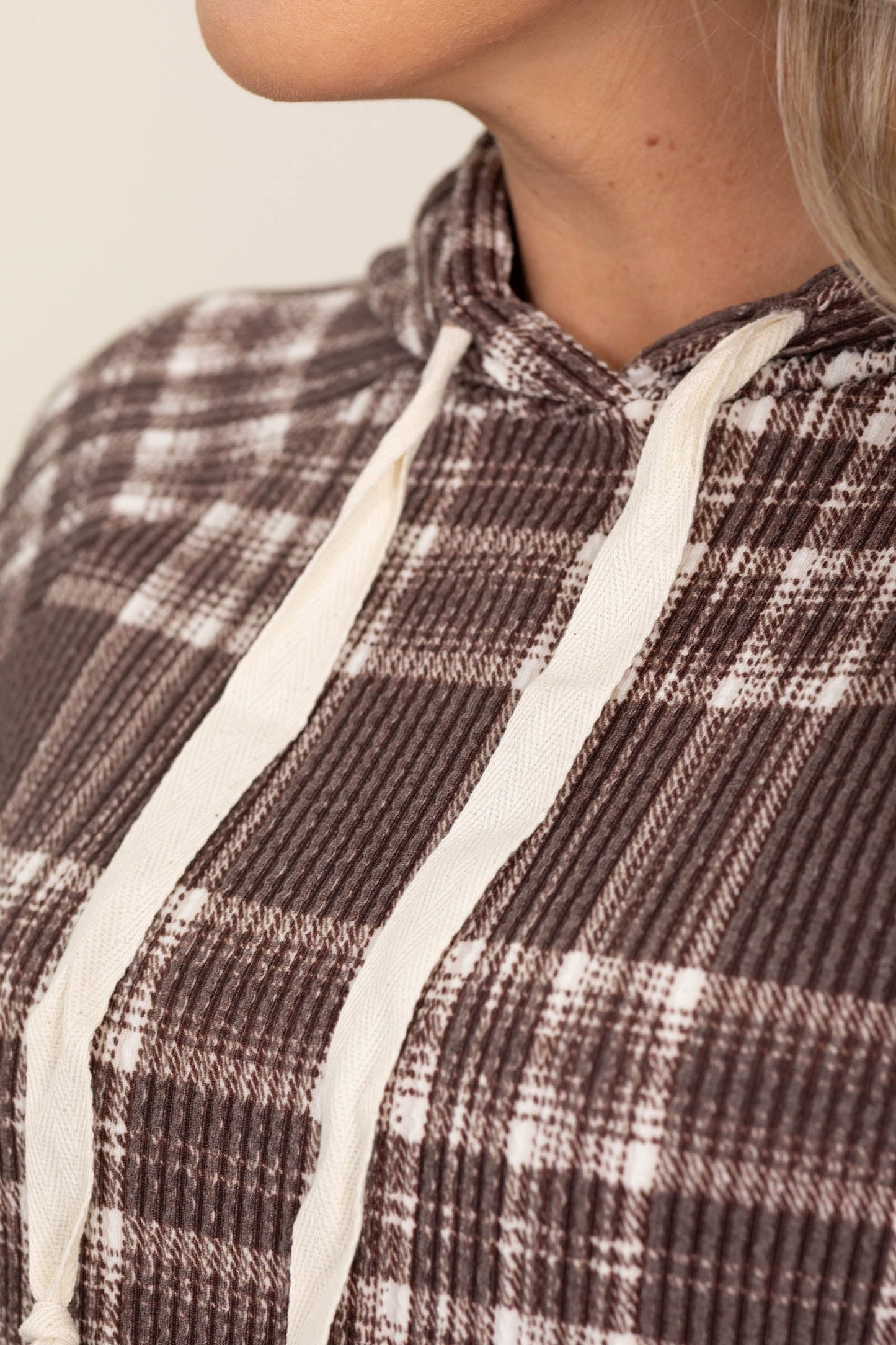 Brown Plaid Rib Knit Hoodie Top