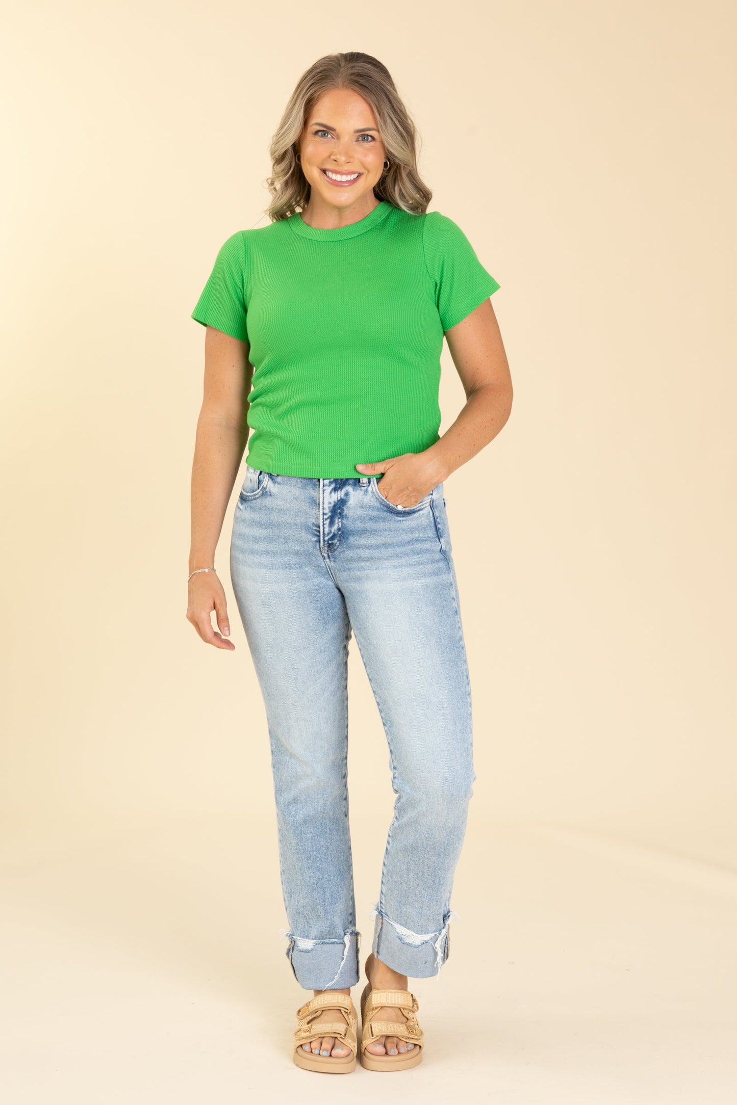 Soft Waffle Knit Slim Fitted Short Sleeve Tops