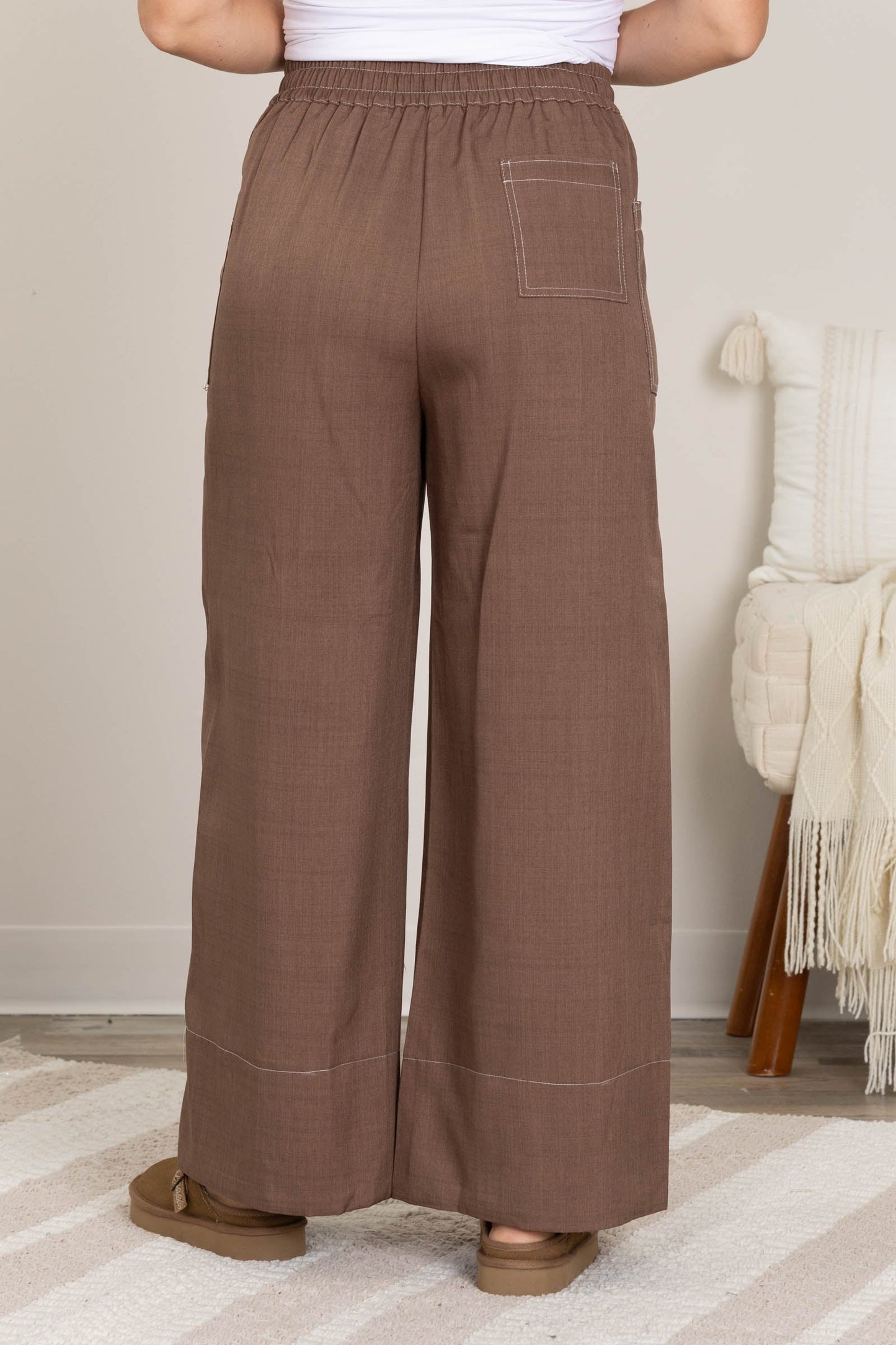 Contrast Stitch Elastic Waist Wide Leg Pants