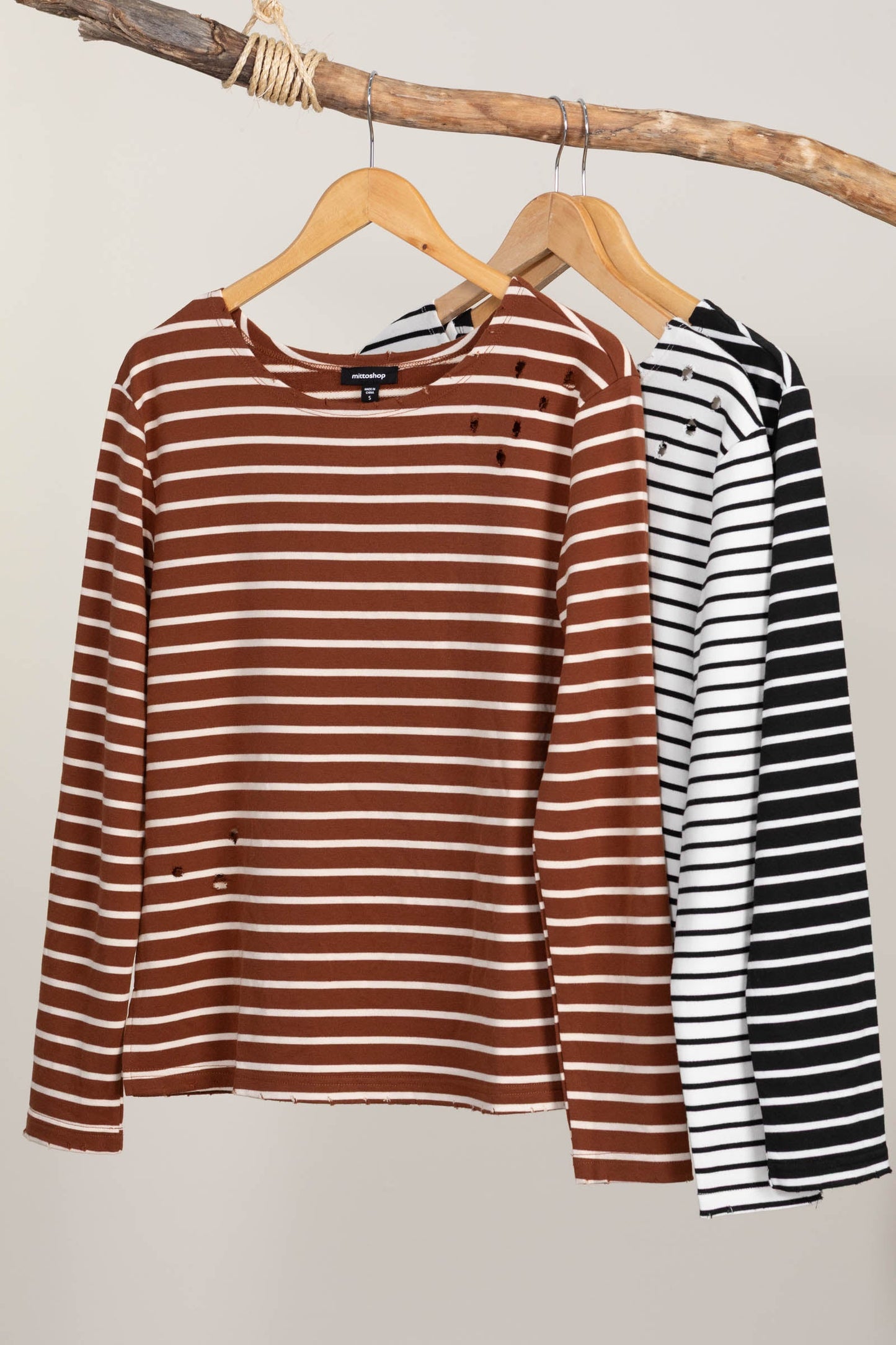 Stripe Long Sleeve Knit Tops With Laser Cuts